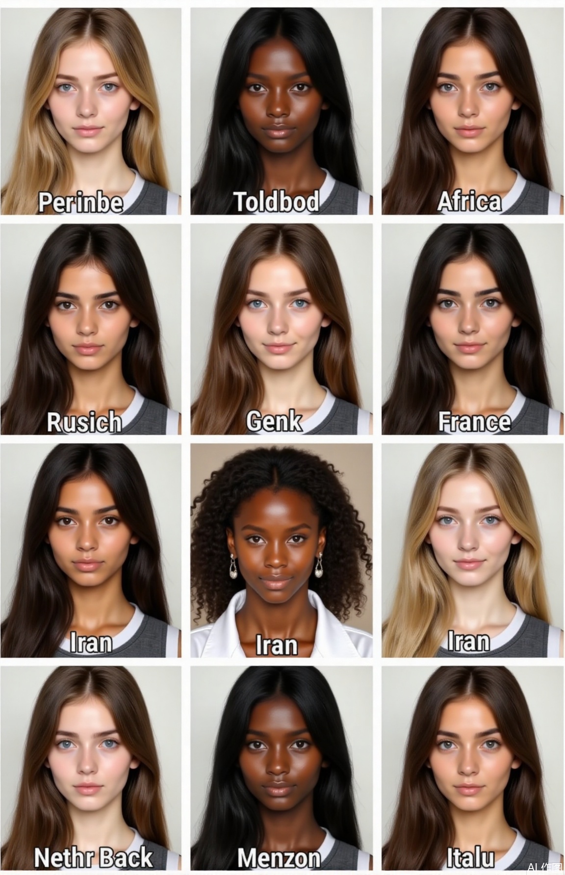 This nine-grid (three rows and three columns format) picture shows girl from nine countries, including Russia, China, Africa (mainly black people), Mexico, Iran, France, Sweden, the United States, and Italy. They wear consistent clothes, maintain consistent expressions and movements, have uniform backgrounds, and only look and skin color are different. Each man has the corresponding nationality name below.