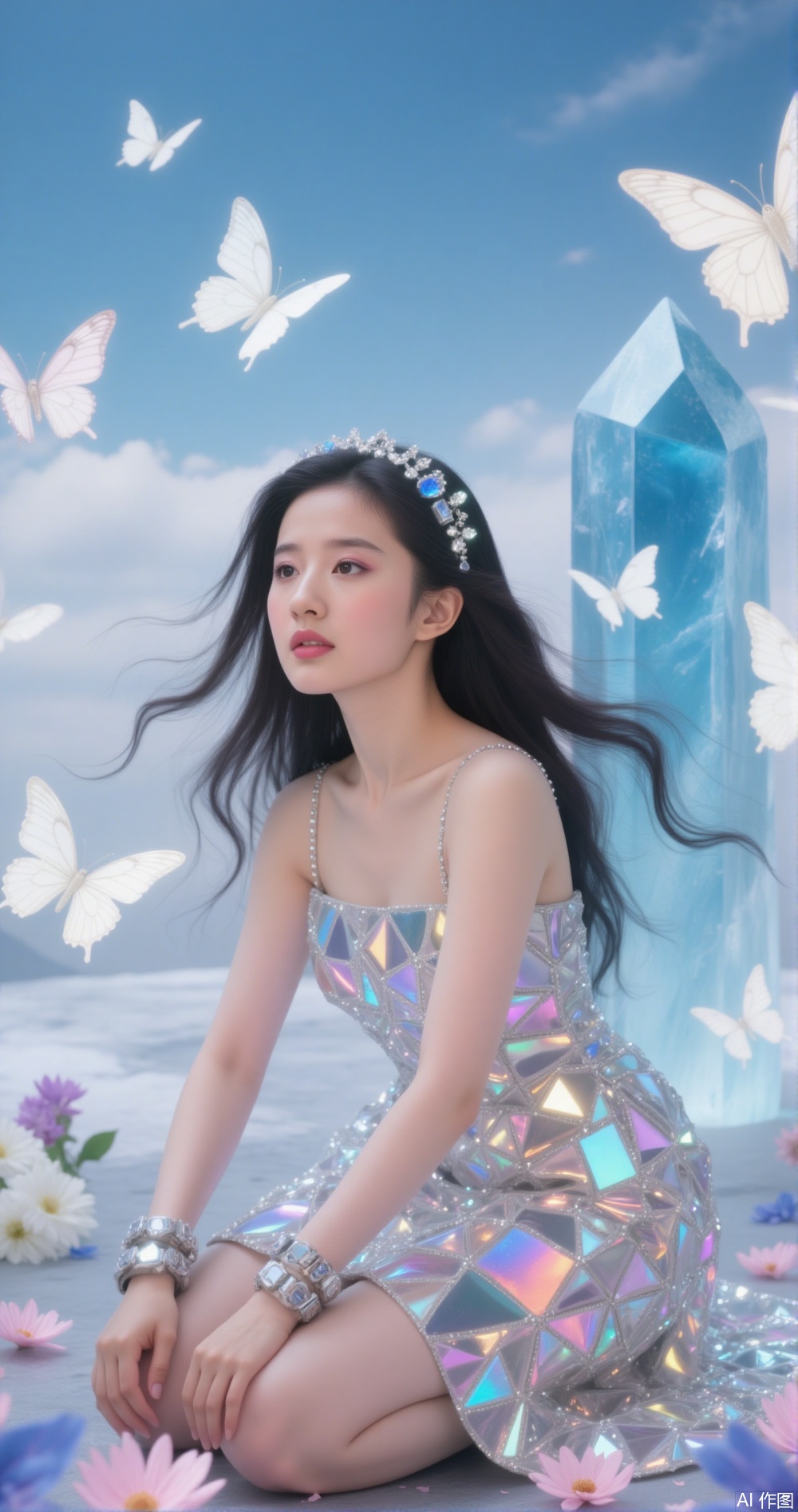 a surreal and fantastical scene where a woman is kneeling on the ground, surrounded by a variety of elements
She is wearing a shiny, reflective dress that shimmers with various colors, and she has a headband adorned with blue and white gemstones
Her long, dark hair is flowing freely. In the background, there are several butterflies fluttering around, and a large, translucent crystal is positioned to her right
The sky is clear with a few clouds, and there are additional butterflies and flowers scattered throughout the scene
The overall atmosphere is ethereal and otherworldly, with a blend of natural and fantastical elements.