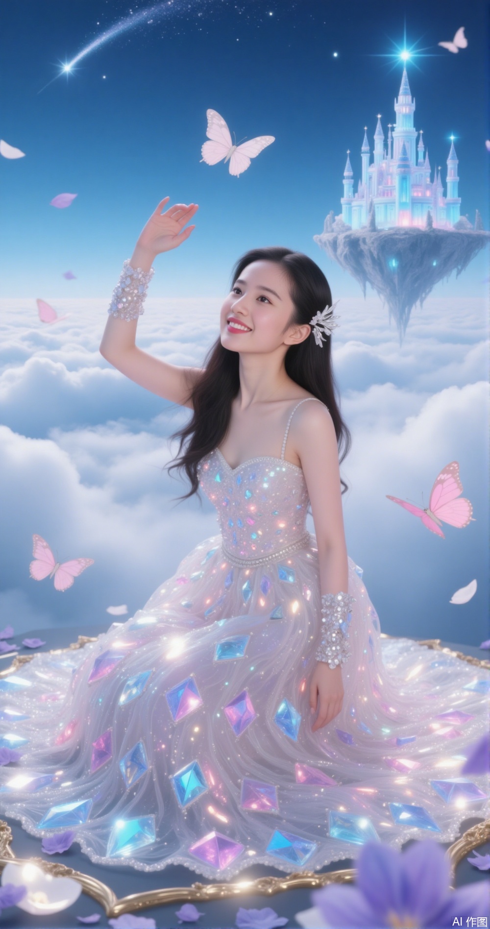 a young woman dressed in a shimmering, iridescent gown adorned with gem-like patterns
￼
She is kneeling on a bed of clouds, surrounded by fluttering butterflies and delicate petals
￼
In the background, there is a majestic, ethereal castle floating above the clouds, emitting a soft, magical glow
￼
The sky is a gradient of blue, with a few stars and a bright shooting star streaking across it
￼
The overall scene exudes a dreamy, fantasy-like atmosphere, with a sense of enchantment and wonder.