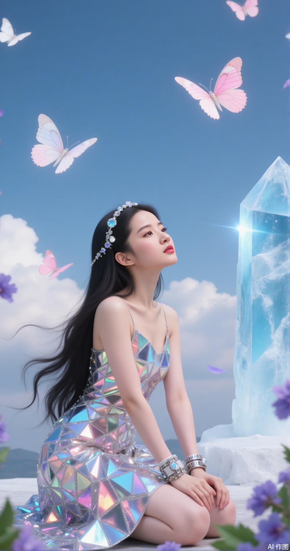 a surreal and fantastical scene where a woman is kneeling on the ground, surrounded by a variety of elements
She is wearing a shiny, reflective dress that shimmers with various colors, and she has a headband adorned with blue and white gemstones
Her long, dark hair is flowing freely. In the background, there are several butterflies fluttering around, and a large, translucent crystal is positioned to her right
The sky is clear with a few clouds, and there are additional butterflies and flowers scattered throughout the scene
The overall atmosphere is ethereal and otherworldly, with a blend of natural and fantastical elements.