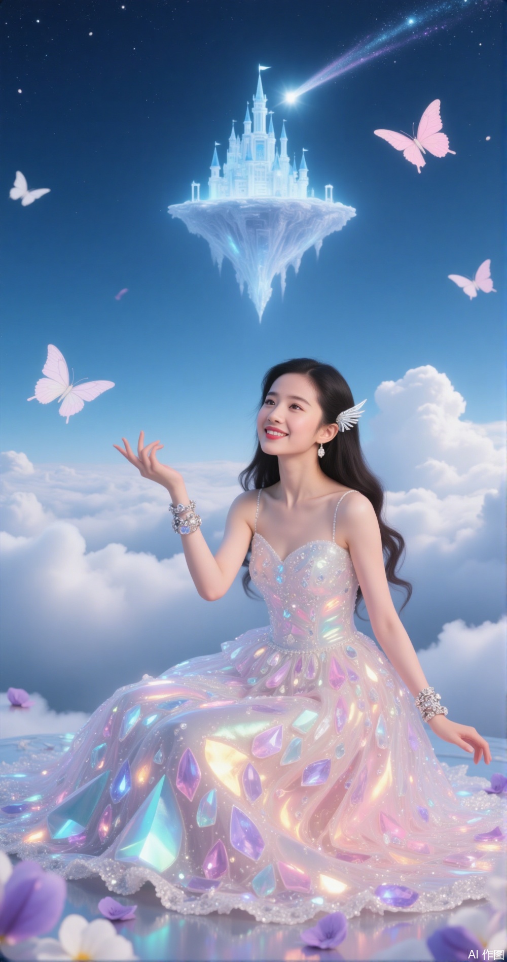 a young woman dressed in a shimmering, iridescent gown adorned with gem-like patterns
￼
She is kneeling on a bed of clouds, surrounded by fluttering butterflies and delicate petals
￼
In the background, there is a majestic, ethereal castle floating above the clouds, emitting a soft, magical glow
￼
The sky is a gradient of blue, with a few stars and a bright shooting star streaking across it
￼
The overall scene exudes a dreamy, fantasy-like atmosphere, with a sense of enchantment and wonder.