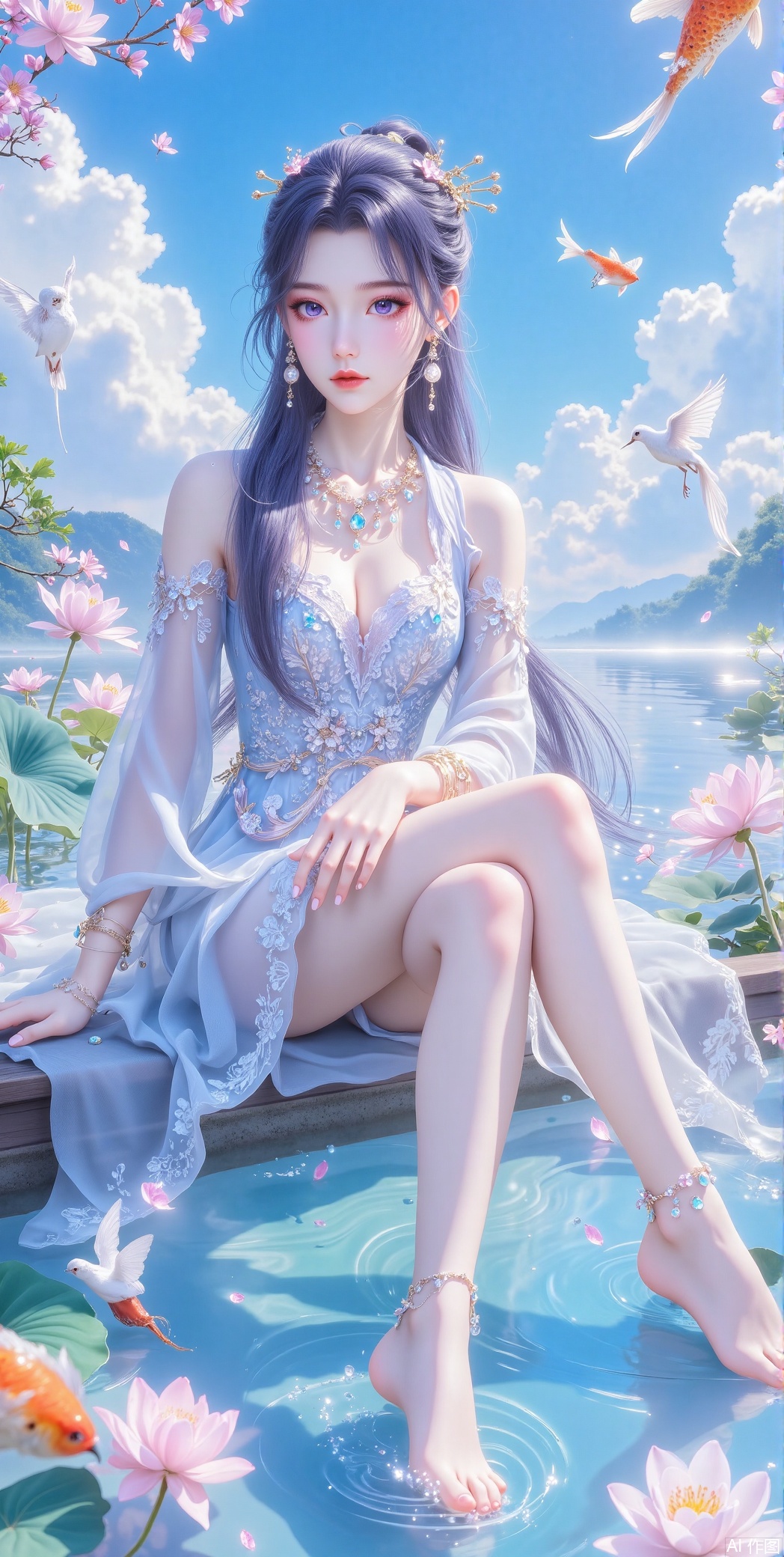 ((masterpiece)), (((best quality))), ((ultra-detailed)), ((illustration)), DSLR,full body, depth of field, (1girl:1.2), ,,(black-hair ),(((big breasts))),(masterpiece, best quality:1.2), illustration, absurdres, highres, extremely detailed,A girl, alone, long hair,无breasts,masterpiece,best quality,official art,unity 8k wallpaper,Brilliant colors,exaggerated art,
1girl,solo,bracelet,flower,long hair,water,dress,barefoot,anklet,hair,bare legs,jewelry,feet,branch,flower,hair ornament,blue sky,full body,solo,sky,fish,soles,sitting,splashing,bird,toes,lotus leaves,lotus flowers,juru2