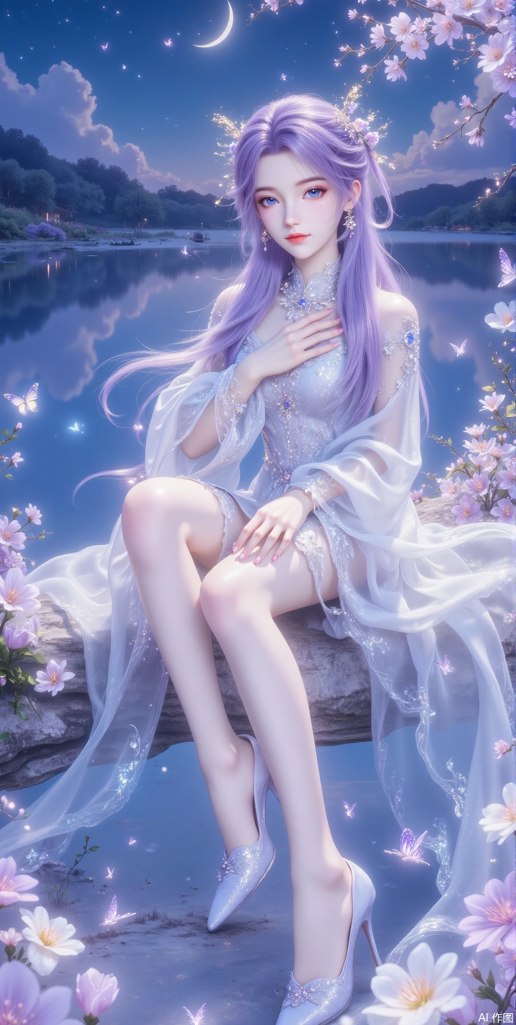 1 girl, solo, long hair, blue eyes, hair decoration, sitting, sitting, full body, purple hair, flowers, sky, water, white dress, high heels, tree, bare legs, night, night, moon, bug, insect, butterfly, night sky