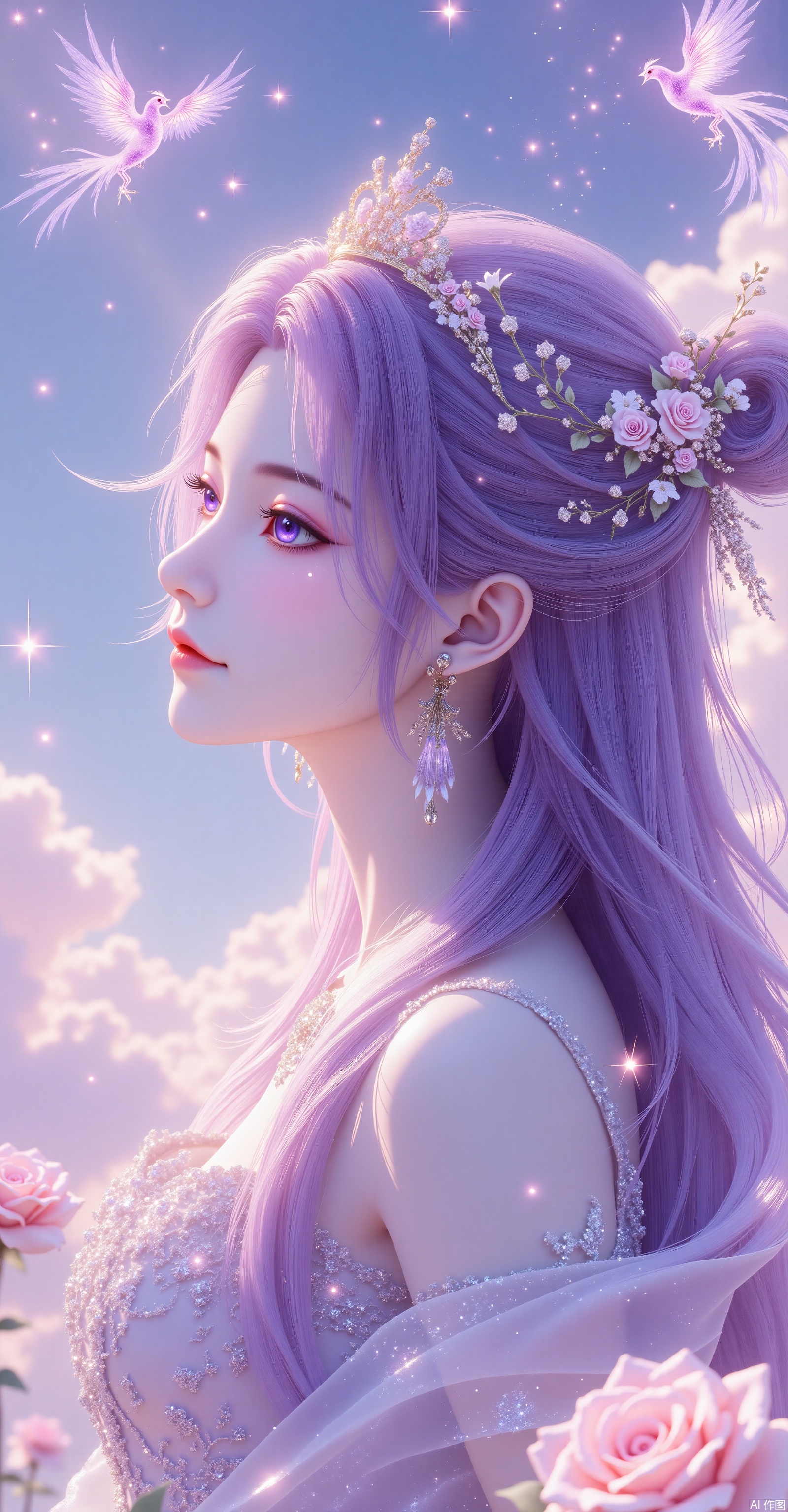 191 Flat Coloring.This image prompt depicts an animation-style woman in bright colors with a detailed background and long pruple hair.She is adorned with exquisite hair accessories,including a small crown.A double exposure effect is used,where a beautiful sea of roses,a starry sky,and stars in the sky can be seen through her silhouette.Additionally,a luminous phoenix is depicted in the sky.The figure and background blend together to create a dreamlike beauty.The overall style combines realism,3D rendering,magical realism painting art style,surrealist composition,bright colors,and blurs the line between reality and fantasy. facial imprint