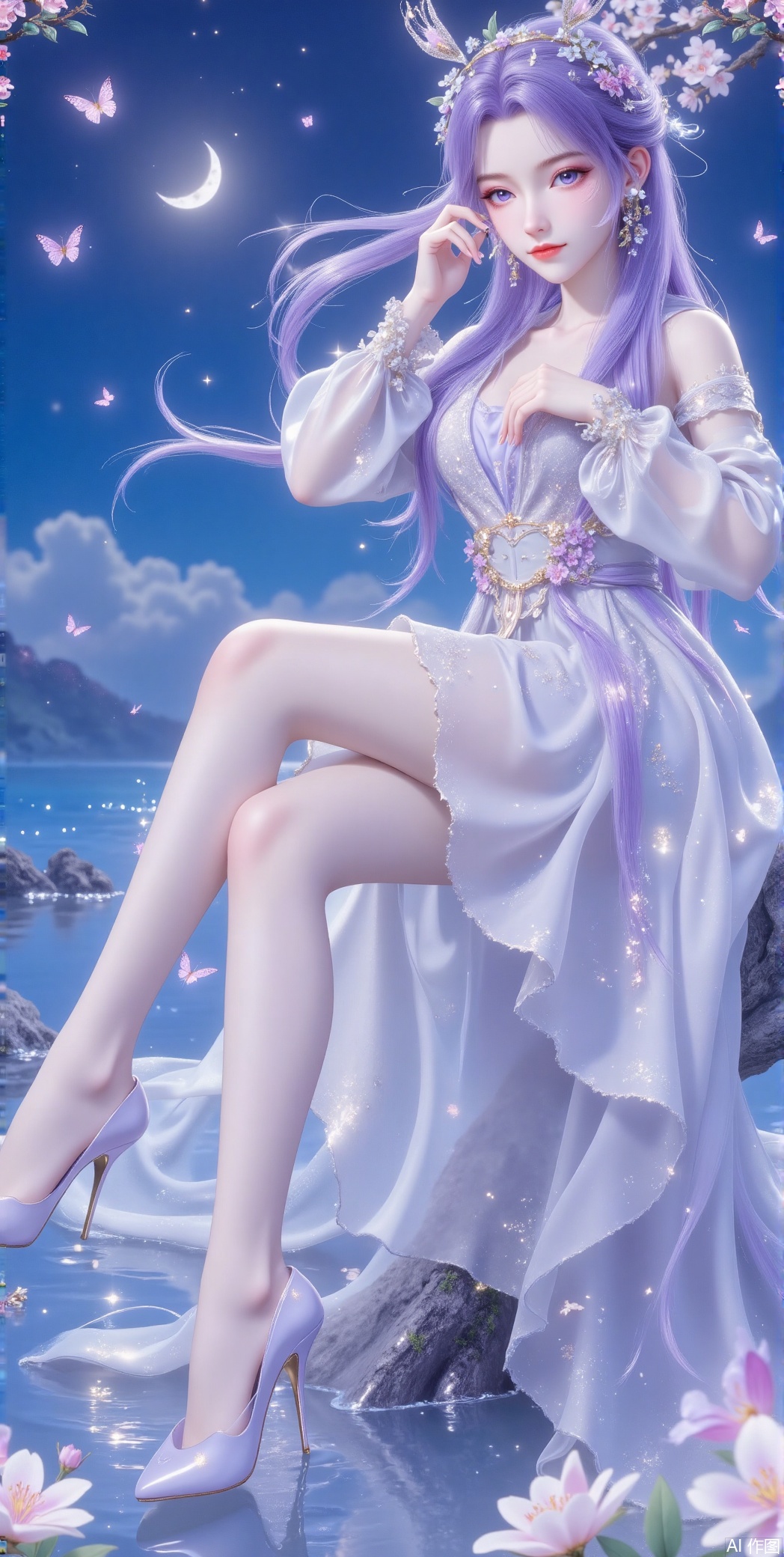 1 girl, solo, long hair, blue eyes, hair decoration, sitting, sitting, full body, purple hair, flowers, sky, water, white dress, high heels, tree, bare legs, night, night, moon, bug, insect, butterfly, night sky