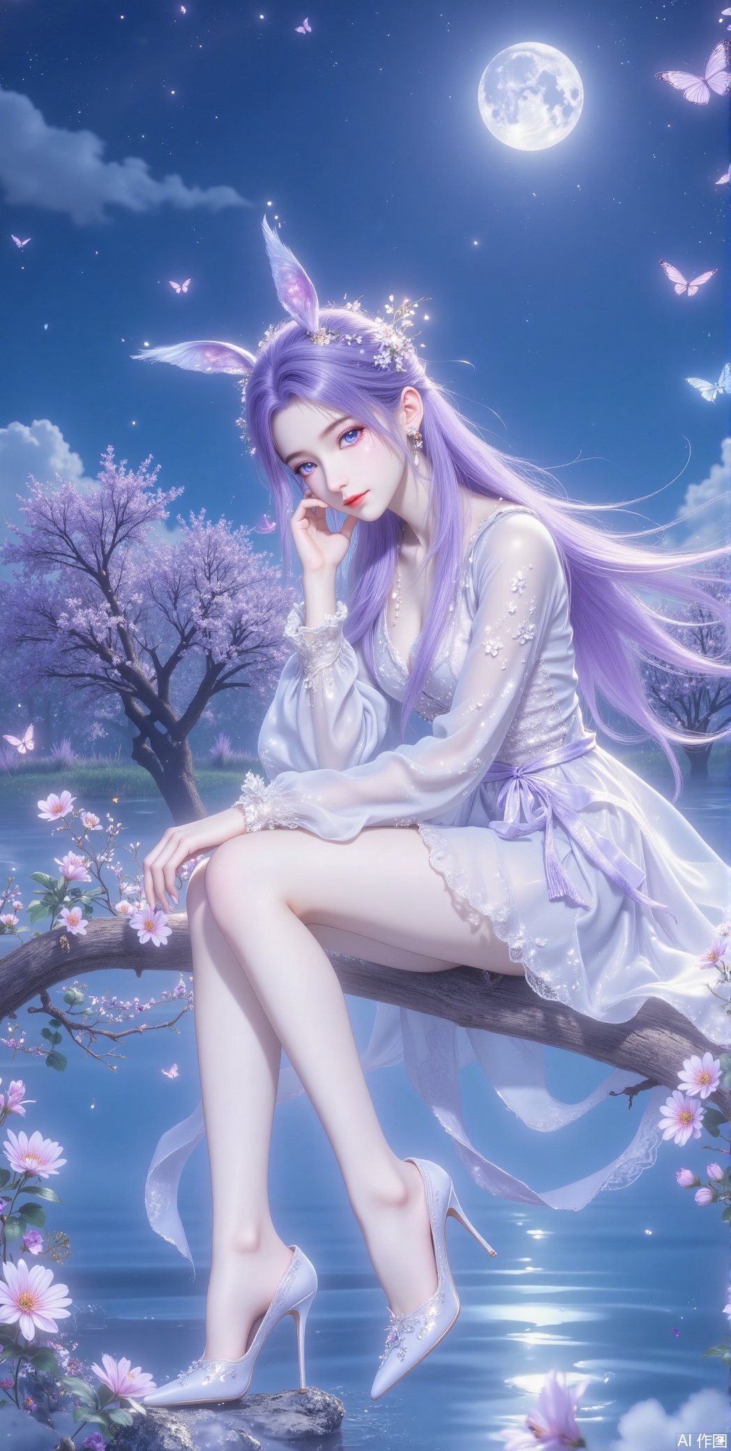 1 girl, solo, long hair, blue eyes, hair decoration, sitting, sitting, full body, purple hair, flowers, sky, water, white dress, high heels, tree, bare legs, night, night, moon, bug, insect, butterfly, night sky