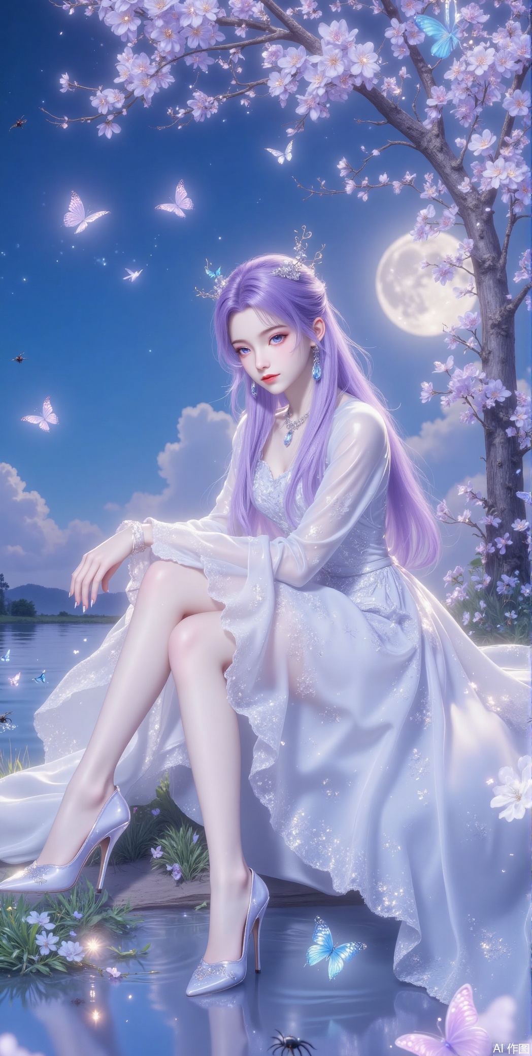 1 girl, solo, long hair, blue eyes, hair decoration, sitting, sitting, full body, purple hair, flowers, sky, water, white dress, high heels, tree, bare legs, night, night, moon, bug, insect, butterfly, night sky