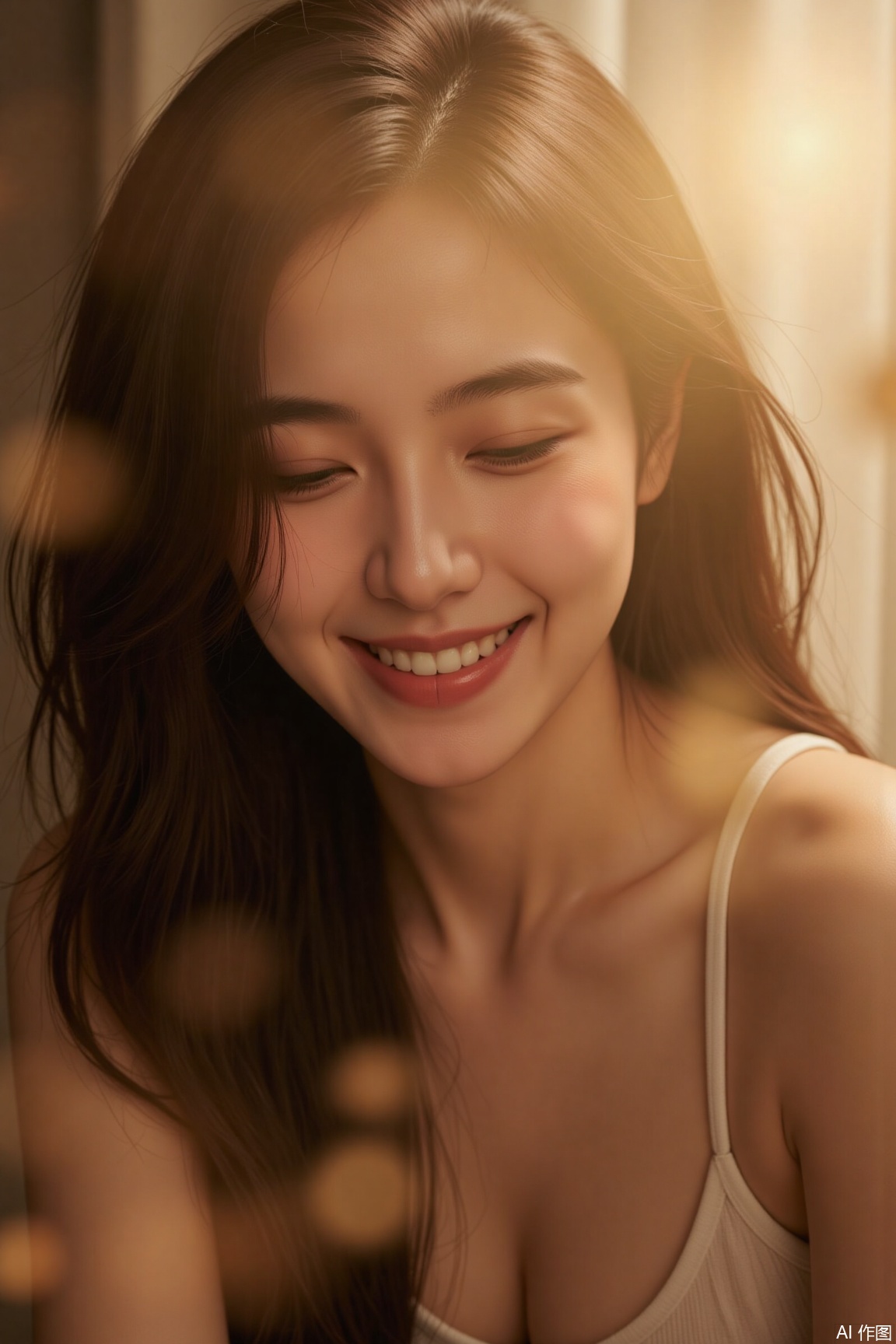 plns, The woman with her eyes closed and a faint smile is bathed in warm light, surrounded by a hazy glow. She seems to be immersed in beautiful thoughts, exuding a tranquil and cozy atmosphere.,portrait