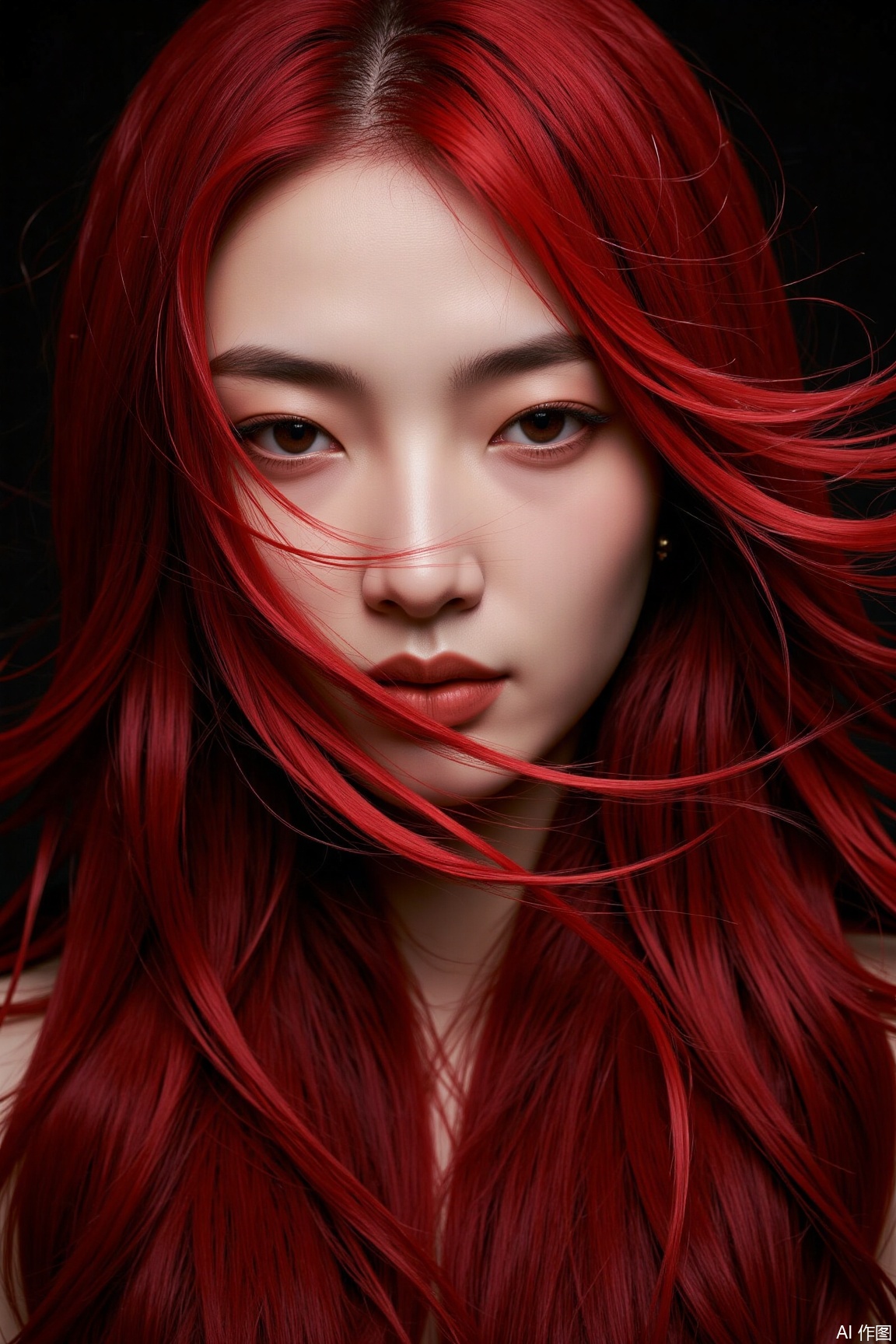 plns, Red hair gently covers her face. The woman has enchanting eyes and delicate makeup, creating a passionate and mysterious atmosphere in the picture., portrait,Oriental Aesthetics