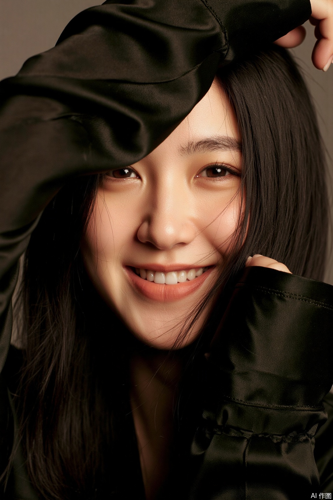 plns, The woman gently covers her forehead with her sleeve. Her eyes are bright and smiling, and her hair is scattered casually. Against the stable - toned background, she presents a casual and vivid beauty., portrait
