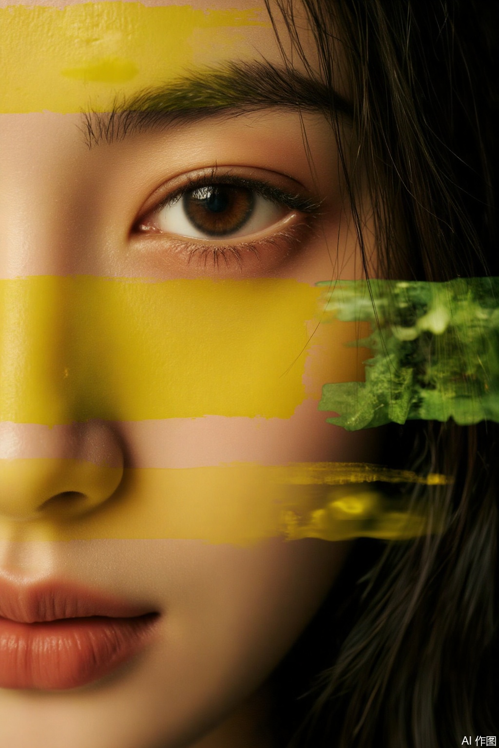 Ink painting, ultra-macro close-up, threshold space, one eye, abstract space, European girl, strong contrast between light and shadow, grainy sense of contrast, strong contrasting color collision, motion blur, visual shock, stunning, minimalist background, high-end sense, background green, yellow, large color block splicing, rough grainy feeling, + aesthetic, dream core, + fairy, blur, emotional atmosphere, mystery, deep dream, concept art, extremely decorative, fine art, masterpiece, story,double-exposure