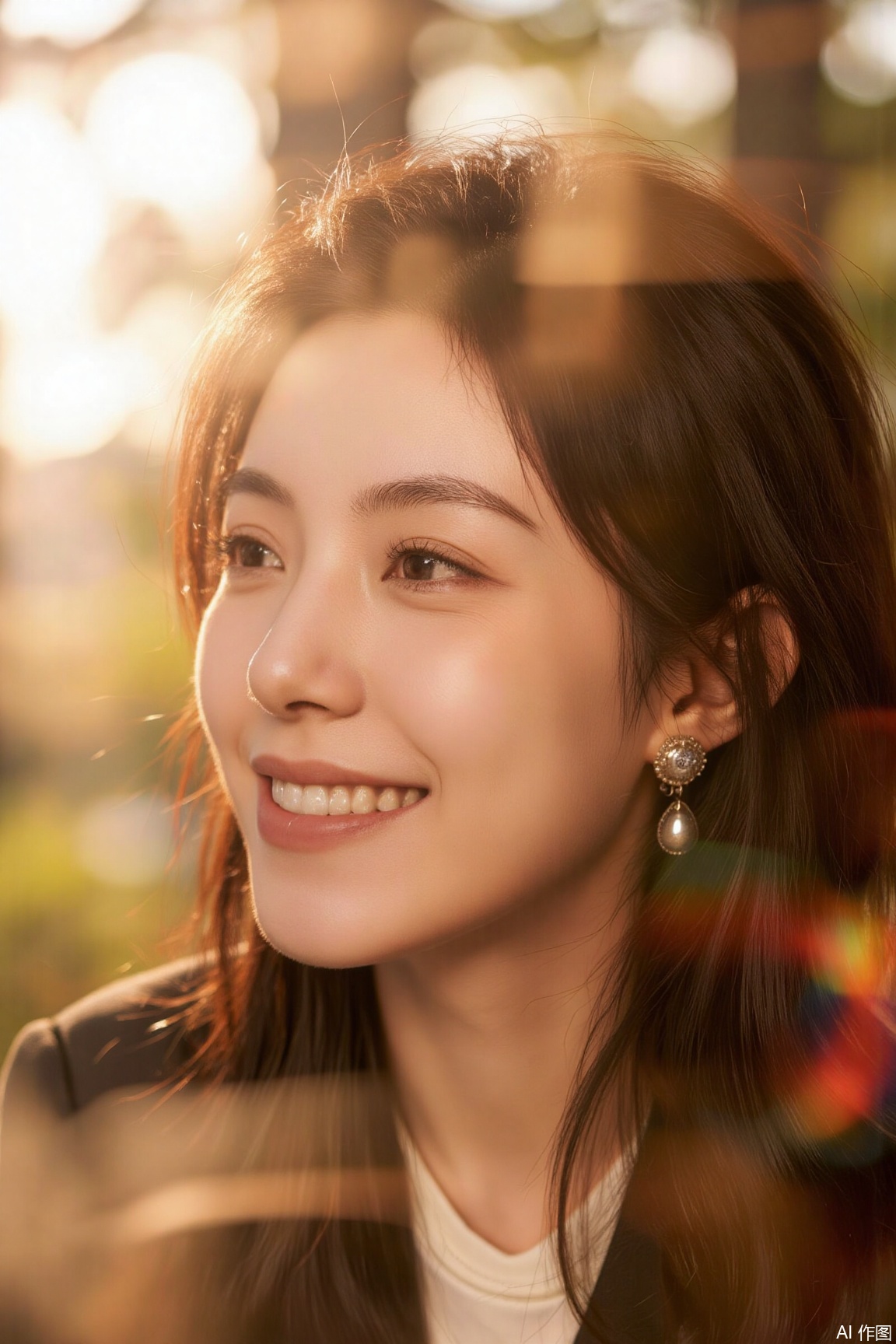 plns, The woman with her eyes closed and a faint smile is bathed in warm light, surrounded by a hazy glow. She seems to be immersed in beautiful thoughts, exuding a tranquil and cozy atmosphere., portraitportrait, portrait,vivid color,double-exposure