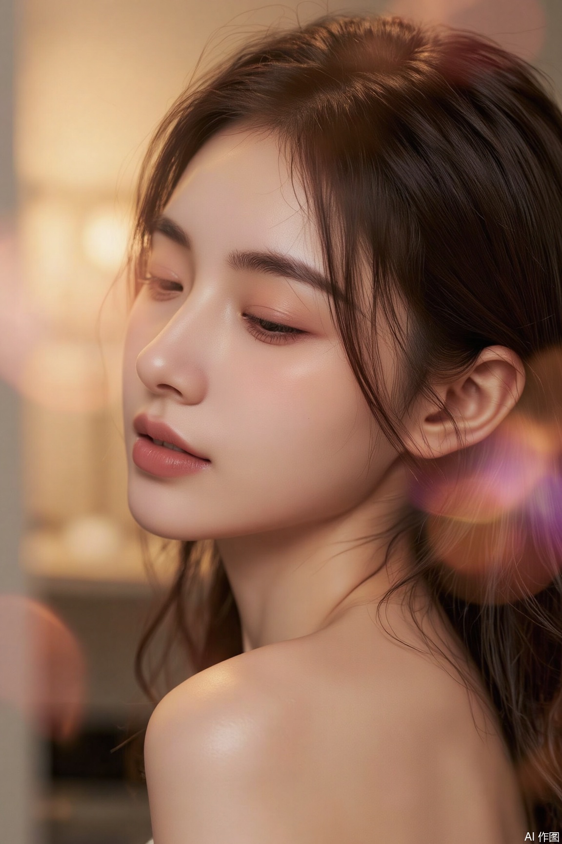 plns, The woman with her eyes closed and a faint smile is bathed in warm light, surrounded by a hazy glow. She seems to be immersed in beautiful thoughts, exuding a tranquil and cozy atmosphere., portraitportrait, portrait,vivid color,double-exposure