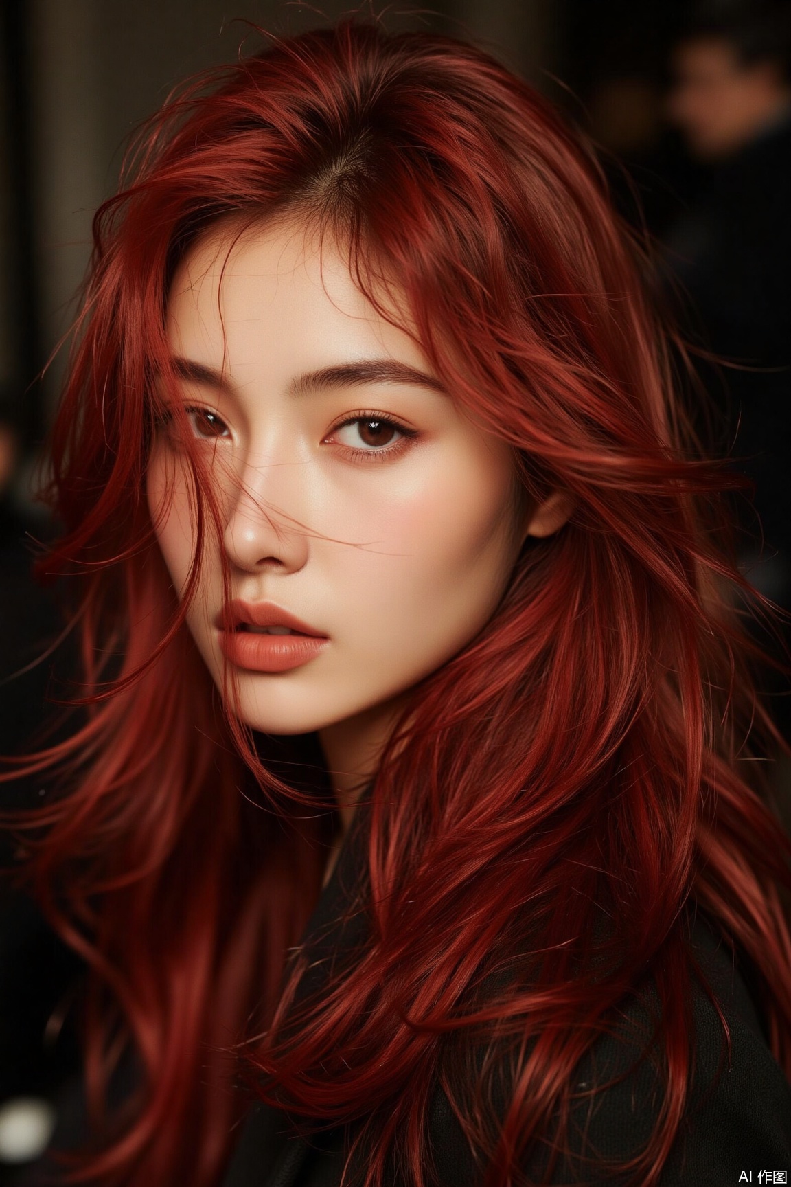 plns, Red hair gently covers her face. The woman has enchanting eyes and delicate makeup, creating a passionate and mysterious atmosphere in the picture., portrait,Oriental Aesthetics,Western woman