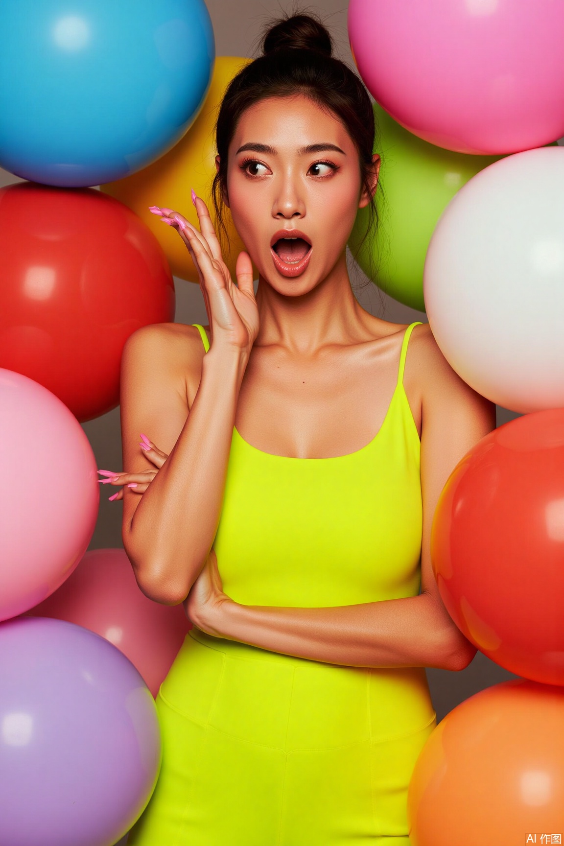 plns, The woman is dressed in a vibrant fluorescent outfit. Among the colorful balloons, her playful posture and vivid expression exude youthful vitality and fashion energy., portrait