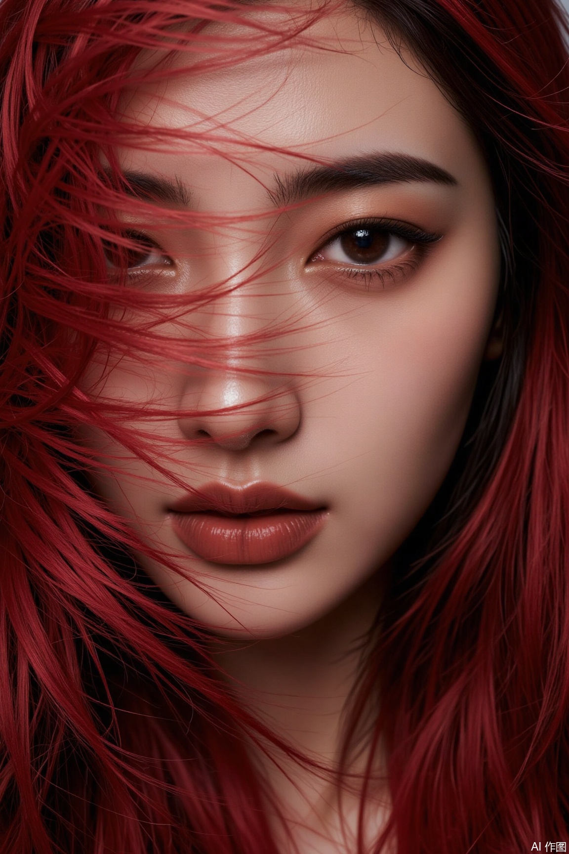 plns, Red hair gently covers her face. The woman has enchanting eyes and delicate makeup, creating a passionate and mysterious atmosphere in the picture., portrait,Western woman,beauty, portrait,vivid color