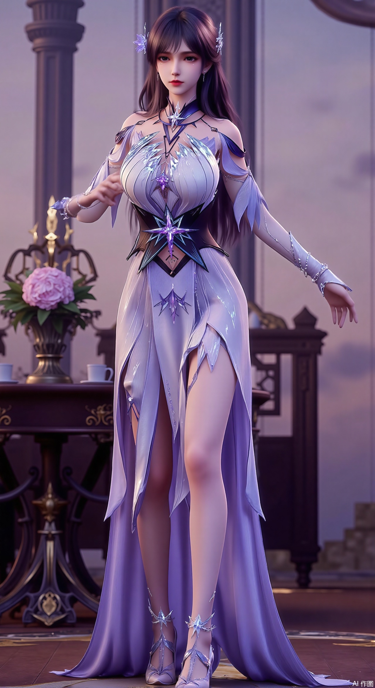 (masterpiece:1.2),Ultra clear, wallpaper, 8k, masterpiece, 1girl, solo, long hair, breasts, looking at viewer, bangs, large breasts,long dress,, bare shoulders, jewelry, black hair, standing, purple eyes, full body, flower, thighs, indoors, hair bun, long dress, high heels, cup, see-through, book, bare legs, window, table, white footwear, standing on one leg, curtains, pink flower, side slit, vase, ,(huge breasts:2.99),(full breasts:2.99),Xzhihua,Xsiyouyou,Xyanruyu,Xmoxiaonan,Xyeqingxian,Xyinxuehou,Xpoyuhou,XbaihehuaiX,Xjiangbilan,Xhuajin,XshengcaierY,Xmengyuyi,Xxiaomei