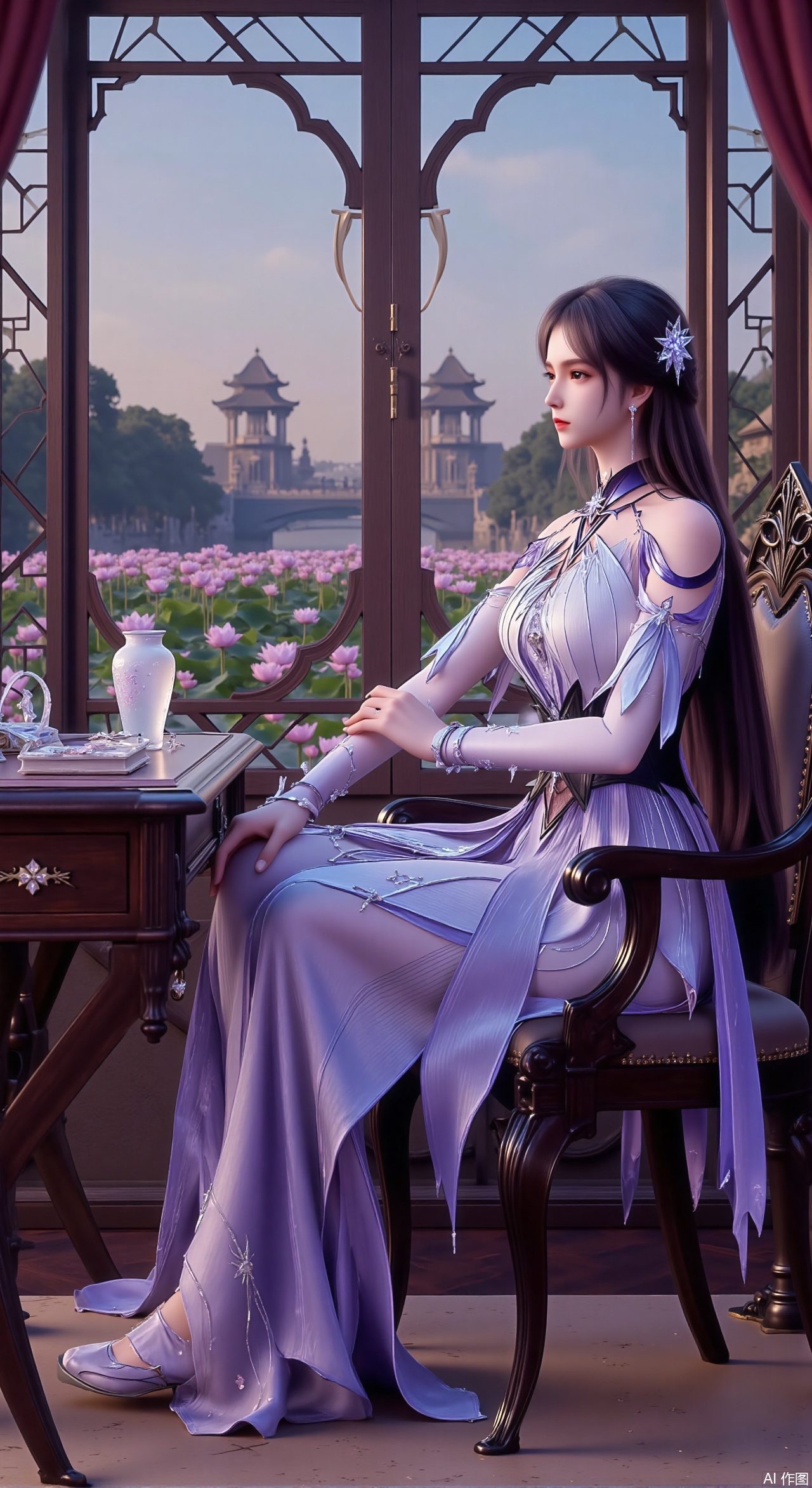 (masterpiece, best quality:1.2),1girl, solo, long dress,Ancient princess's boudoir with bright color palette,,(huge breasts:2.59),(full breasts:2.39), Hanfu-clad maiden sitting by latticed window desk in romantic daydreaming posture, classical Chinese garden through window showcasing lotus pond filled with blooming pink and white lotuses, delicate ink-wash painting style, interior featuring rosewood furniture with mother-of-pearl inlay, silk curtains fluttering in breeze, porcelain stationery set on desk, distant view of curved bridges and pavilions in garden, ultra HD rendering with crisp details on embroidered garments and translucent lotus petals,,(huge breasts:2.99),(full breasts:2.99),,Xzhihua,Xsiyouyou,Xyanruyu,Xmoxiaonan,Xyeqingxian,Xyinxuehou,Xpoyuhou,XbaihehuaiX,Xjiangbilan,Xhuajin,XshengcaierY,Xmengyuyi,Xxiaomei