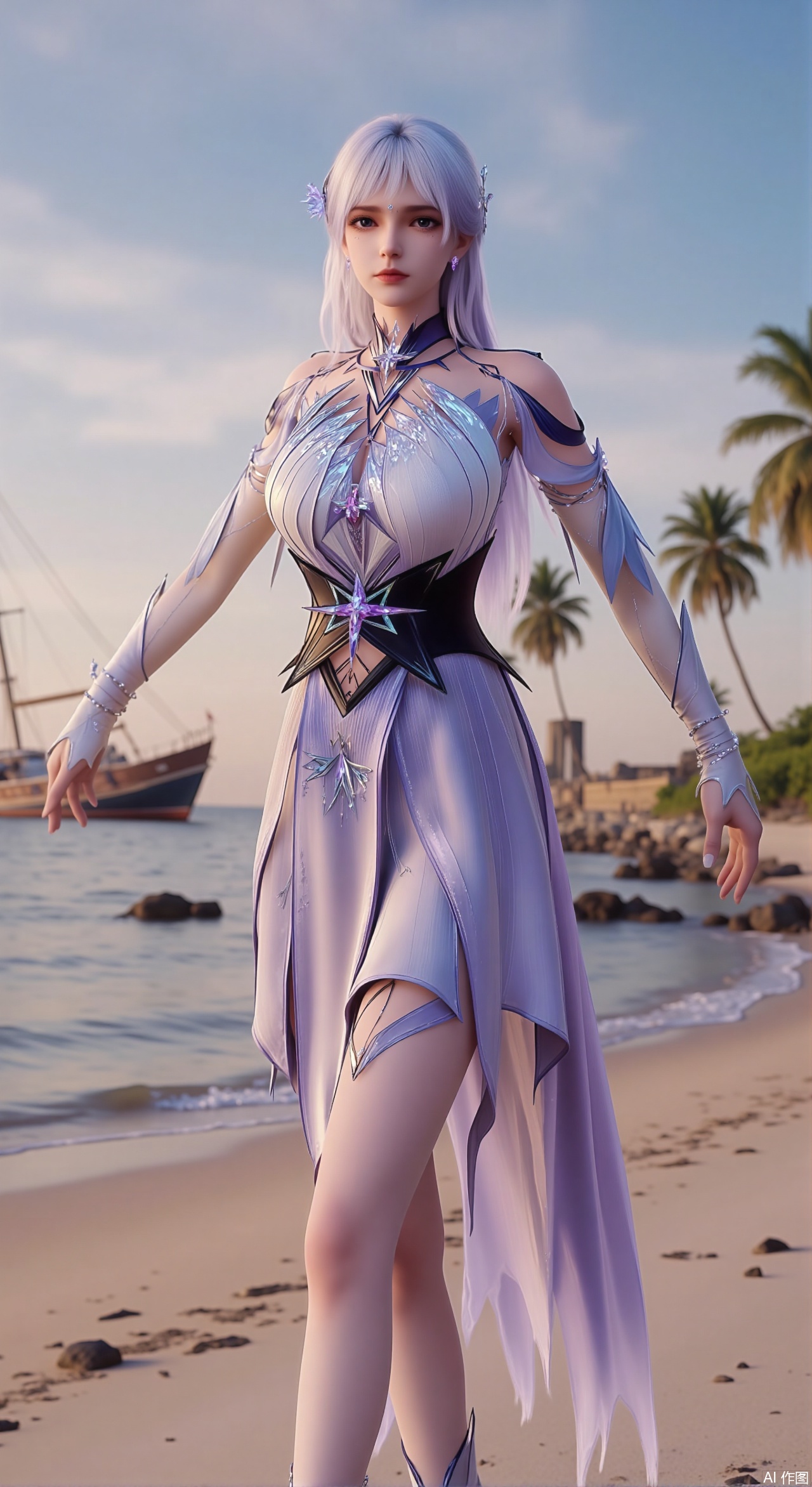 sfw,(masterpiece:1.2),best quality,absurdres,masterpiece,original,extremely detailed wallpaper,perfect lighting,1girl,solo,looking at viewer,(cowboy_shot:1.3),short hair,high heels,blurry background,depth of field,motion blur,crystal_earrings,headpiece,in summer,day,outdoors,nature,(standing,Seaside, beach, sailboat, coconut trees:1.59),(huge breasts:2.99),(full breasts:2.99),Xzhihua,Xsiyouyou,Xyanruyu,Xmoxiaonan,Xyeqingxian,Xyinxuehou,Xpoyuhou,XbaihehuaiX,Xjiangbilan,Xhuajin,XshengcaierY,Xmengyuyi,Xxiaomei