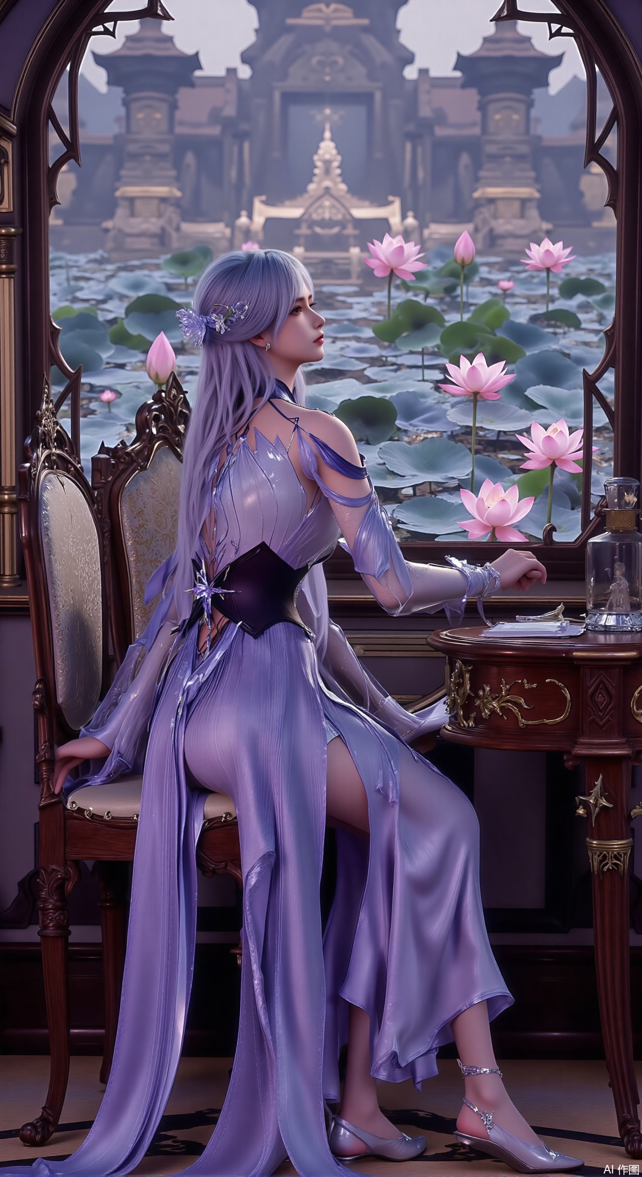 (masterpiece, best quality:1.2),1girl, solo, long dress,Ancient princess's boudoir with bright color palette,,(huge breasts:2.59),(full breasts:2.39), Hanfu-clad maiden sitting by latticed window desk in romantic daydreaming posture, classical Chinese garden through window showcasing lotus pond filled with blooming pink and white lotuses, delicate ink-wash painting style, interior featuring rosewood furniture with mother-of-pearl inlay, silk curtains fluttering in breeze, porcelain stationery set on desk, distant view of curved bridges and pavilions in garden, ultra HD rendering with crisp details on embroidered garments and translucent lotus petals,,(huge breasts:2.99),(full breasts:2.99),,Xzhihua,Xsiyouyou,Xyanruyu,Xmoxiaonan,Xyeqingxian,Xyinxuehou,Xpoyuhou,XbaihehuaiX,Xjiangbilan,Xhuajin,XshengcaierY,Xmengyuyi,Xxiaomei