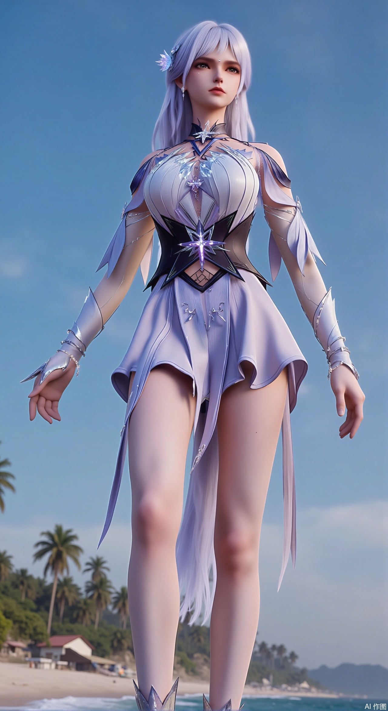 sfw,(masterpiece:1.2),best quality,absurdres,masterpiece,original,extremely detailed wallpaper,perfect lighting,1girl,solo,looking at viewer,(cowboy_shot:1.3),short hair,high heels,blurry background,depth of field,motion blur,crystal_earrings,headpiece,in summer,day,outdoors,nature,(standing,Seaside, beach, sailboat, coconut trees:1.59),(huge breasts:2.99),(full breasts:2.99),Xzhihua,Xsiyouyou,Xyanruyu,Xmoxiaonan,Xyeqingxian,Xyinxuehou,Xpoyuhou,XbaihehuaiX,Xjiangbilan,Xhuajin,XshengcaierY,Xmengyuyi,Xxiaomei
