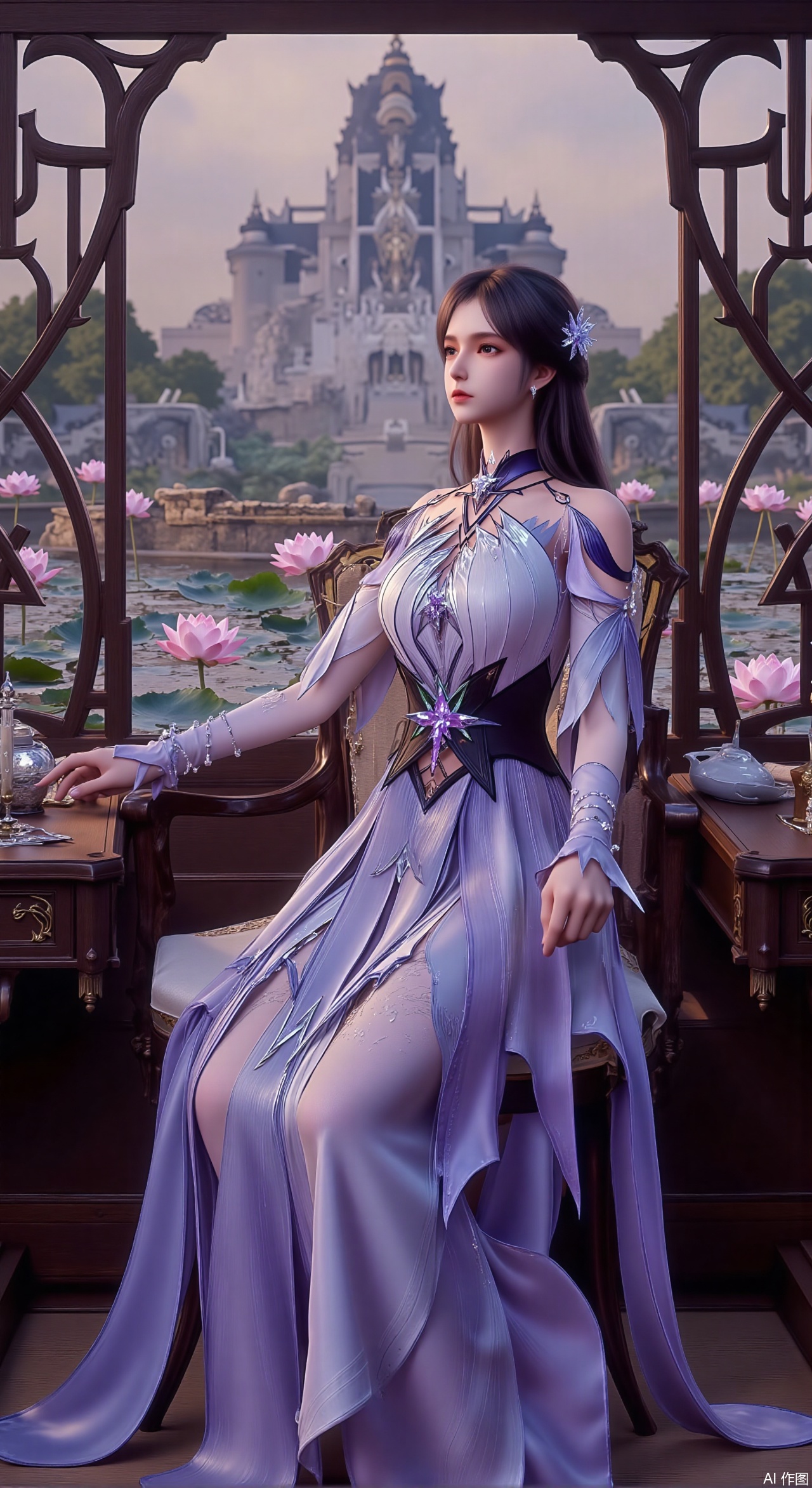 (masterpiece, best quality:1.2),1girl, solo, long dress,Ancient princess's boudoir with bright color palette,,(huge breasts:2.59),(full breasts:2.39), Hanfu-clad maiden sitting by latticed window desk in romantic daydreaming posture, classical Chinese garden through window showcasing lotus pond filled with blooming pink and white lotuses, delicate ink-wash painting style, interior featuring rosewood furniture with mother-of-pearl inlay, silk curtains fluttering in breeze, porcelain stationery set on desk, distant view of curved bridges and pavilions in garden, ultra HD rendering with crisp details on embroidered garments and translucent lotus petals,,(huge breasts:2.99),(full breasts:2.99),,Xzhihua,Xsiyouyou,Xyanruyu,Xmoxiaonan,Xyeqingxian,Xyinxuehou,Xpoyuhou,XbaihehuaiX,Xjiangbilan,Xhuajin,XshengcaierY,Xmengyuyi,Xxiaomei