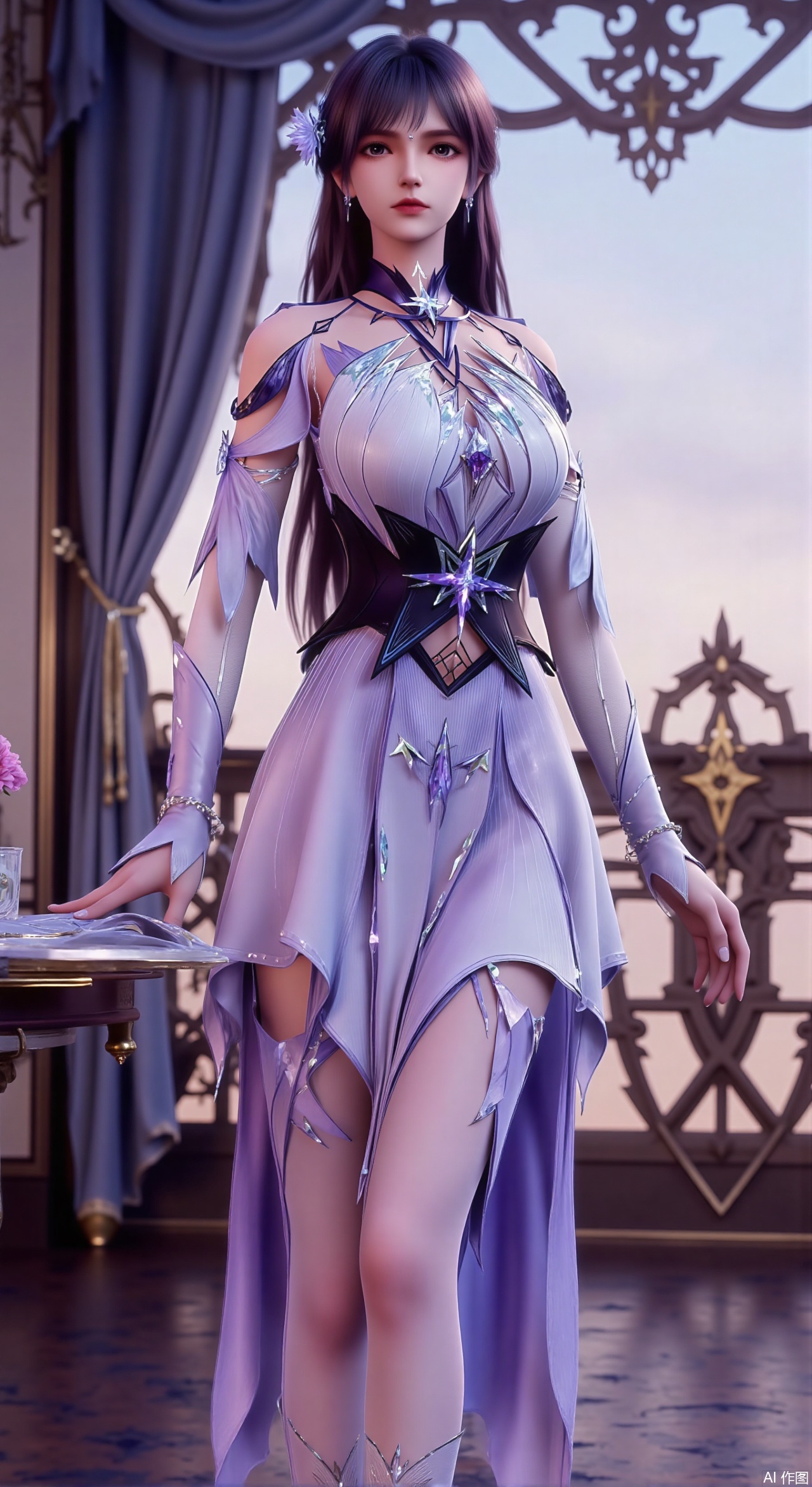  (masterpiece:1.2),Ultra clear, wallpaper, 8k, masterpiece, 1girl, solo, long hair, breasts, looking at viewer, bangs, large breasts,long dress,, bare shoulders, jewelry, black hair, standing, purple eyes, full body, flower, thighs, indoors, hair bun, long dress, high heels, cup, see-through, book, bare legs, window, table, white footwear, standing on one leg, curtains, pink flower, side slit, vase, ,(huge breasts:2.99),(full breasts:2.99),Xzhihua,Xsiyouyou,Xyanruyu,Xmoxiaonan,Xyeqingxian,Xyinxuehou,Xpoyuhou,XbaihehuaiX,Xjiangbilan,Xhuajin,XshengcaierY,Xmengyuyi,Xxiaomei