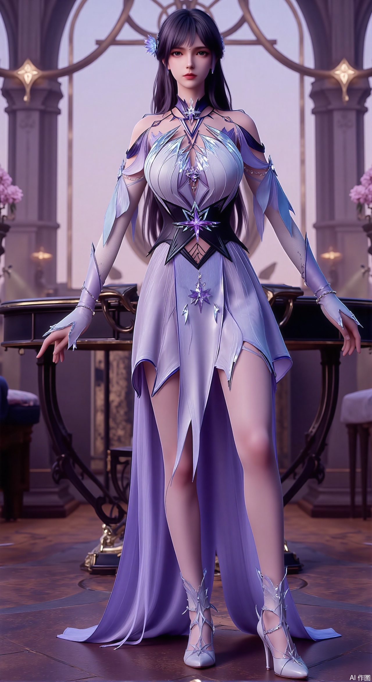  (masterpiece:1.2),Ultra clear, wallpaper, 8k, masterpiece, 1girl, solo, long hair, breasts, looking at viewer, bangs, large breasts,long dress,, bare shoulders, jewelry, black hair, standing, purple eyes, full body, flower, thighs, indoors, hair bun, long dress, high heels, cup, see-through, book, bare legs, window, table, white footwear, standing on one leg, curtains, pink flower, side slit, vase, ,(huge breasts:2.99),(full breasts:2.99),Xzhihua,Xsiyouyou,Xyanruyu,Xmoxiaonan,Xyeqingxian,Xyinxuehou,Xpoyuhou,XbaihehuaiX,Xjiangbilan,Xhuajin,XshengcaierY,Xmengyuyi,Xxiaomei