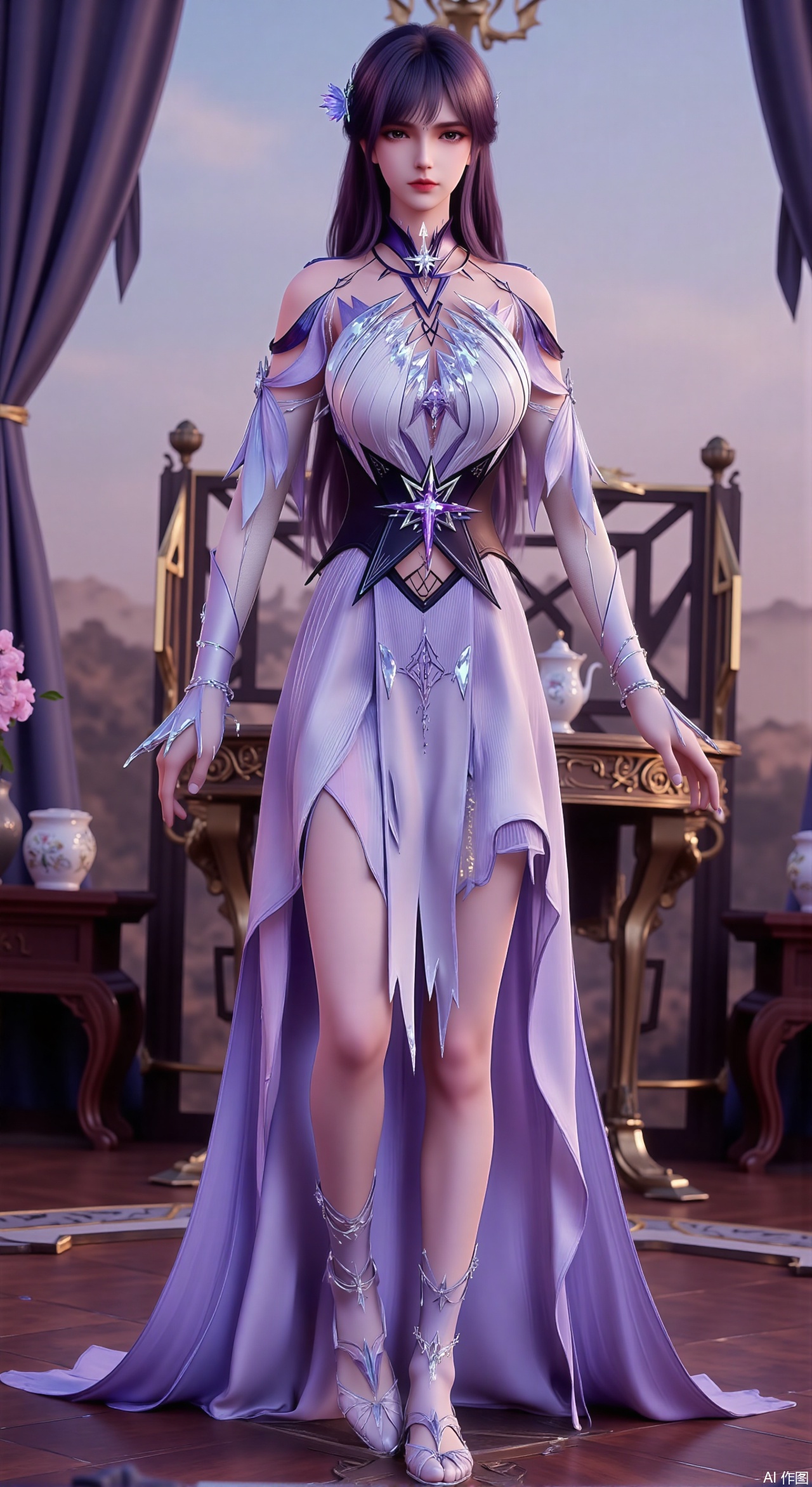  (masterpiece:1.2),Ultra clear, wallpaper, 8k, masterpiece, 1girl, solo, long hair, breasts, looking at viewer, bangs, large breasts,long dress,, bare shoulders, jewelry, black hair, standing, purple eyes, full body, flower, thighs, indoors, hair bun, long dress, high heels, cup, see-through, book, bare legs, window, table, white footwear, standing on one leg, curtains, pink flower, side slit, vase, ,(huge breasts:2.99),(full breasts:2.99),Xzhihua,Xsiyouyou,Xyanruyu,Xmoxiaonan,Xyeqingxian,Xyinxuehou,Xpoyuhou,XbaihehuaiX,Xjiangbilan,Xhuajin,XshengcaierY,Xmengyuyi,Xxiaomei