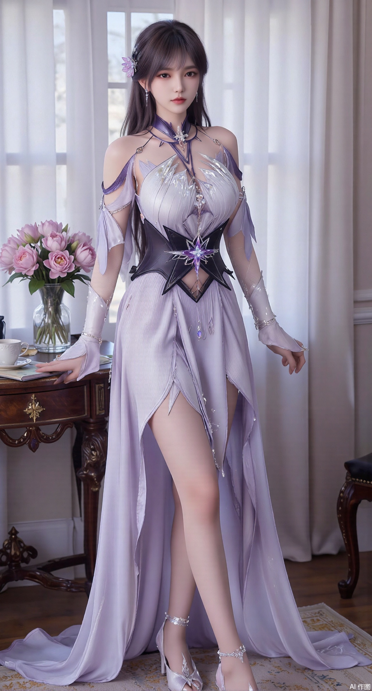 (masterpiece:1.2),best quality,Ultra clear, wallpaper, 8k, masterpiece, 1girl, solo, long hair, breasts, looking at viewer, bangs, large breasts,long dress,, bare shoulders, jewelry, black hair, standing, purple eyes, full body, flower, thighs, indoors, hair bun, long dress, high heels, cup, see-through, book, bare legs, window, table, white footwear, standing on one leg, curtains, pink flower, side slit, vase, ,(huge breasts:2.99),(full breasts:2.99),(pink lotus flowers:1.39),XshengcaierY,Xmengyuyi,Xxiaomei,Xgufenghuaqiang