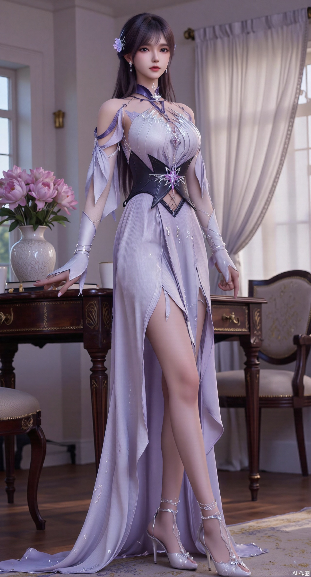 (masterpiece:1.2),best quality,Ultra clear, wallpaper, 8k, masterpiece, 1girl, solo, long hair, breasts, looking at viewer, bangs, large breasts,long dress,, bare shoulders, jewelry, black hair, standing, purple eyes, full body, flower, thighs, indoors, hair bun, long dress, high heels, cup, see-through, book, bare legs, window, table, white footwear, standing on one leg, curtains, pink flower, side slit, vase, ,(huge breasts:2.99),(full breasts:2.99),(pink lotus flowers:1.39),XshengcaierY,Xmengyuyi,Xxiaomei,Xgufenghuaqiang