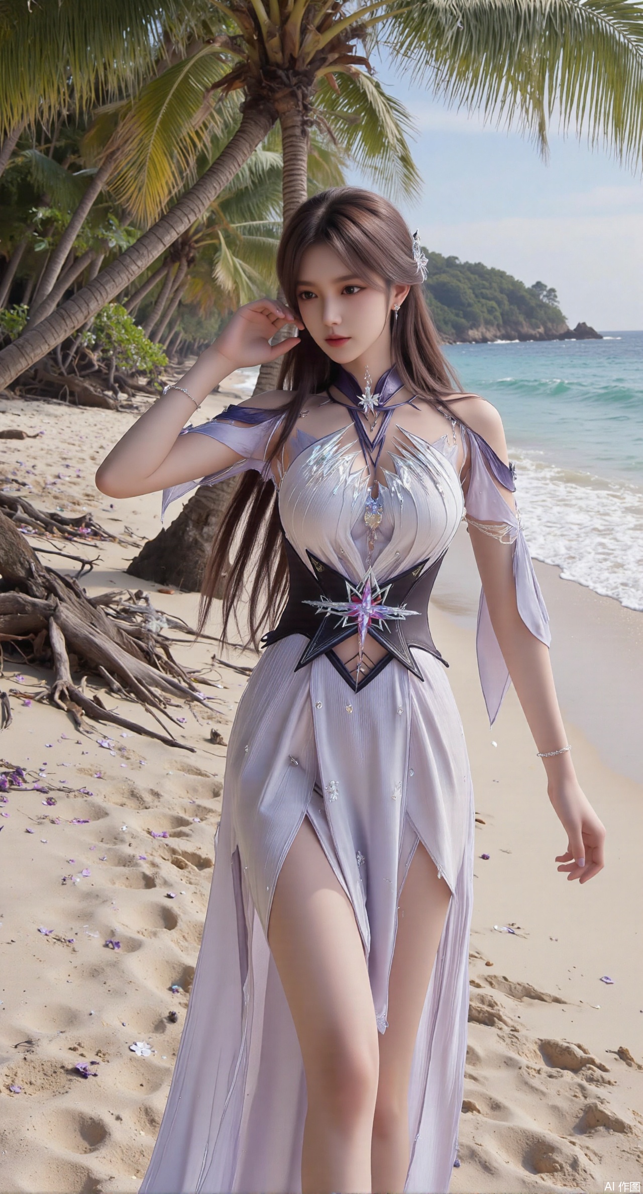 (masterpiece:1.2),best quality,absurdres,masterpiece,original,extremely detailed wallpaper,perfect lighting,Golden sandy beach covered with vibrant flowers, turquoise waves gently lapping the shore, , bright flower clusters spreading from sand to palm tree roots, soft natural light filtering through coconut leaves, ocean breeze lifting hair and qipao hem, high-resolution details showcasing petal textures and silk fabric sheen, ultra-wide angle lens capturing coastline panorama, cinematic color grading with soft focus on the central figure,(huge breasts:2.99),(full breasts:2.99),XshengcaierY,Xmengyuyi,Xxiaomei,Xgufenghuaqiang