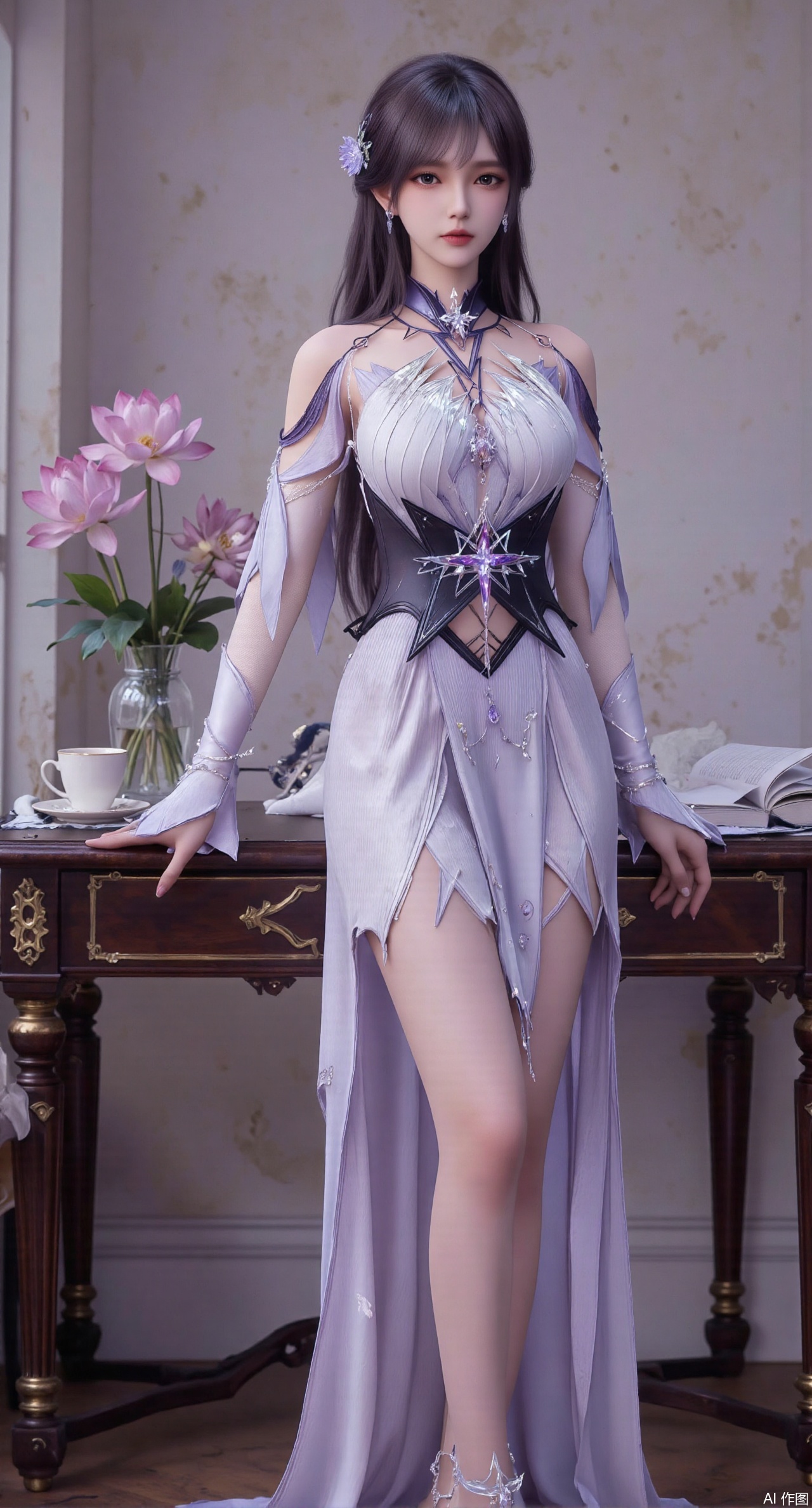 (masterpiece:1.2),best quality,Ultra clear, wallpaper, 8k, masterpiece, 1girl, solo, long hair, breasts, looking at viewer, bangs, large breasts,long dress,, bare shoulders, jewelry, black hair, standing, purple eyes, full body, flower, thighs, indoors, hair bun, long dress, high heels, cup, see-through, book, bare legs, window, table, white footwear, standing on one leg, curtains, pink flower, side slit, vase, ,(huge breasts:2.99),(full breasts:2.99),(pink lotus flowers:1.39),XshengcaierY,Xmengyuyi,Xxiaomei,Xgufenghuaqiang
