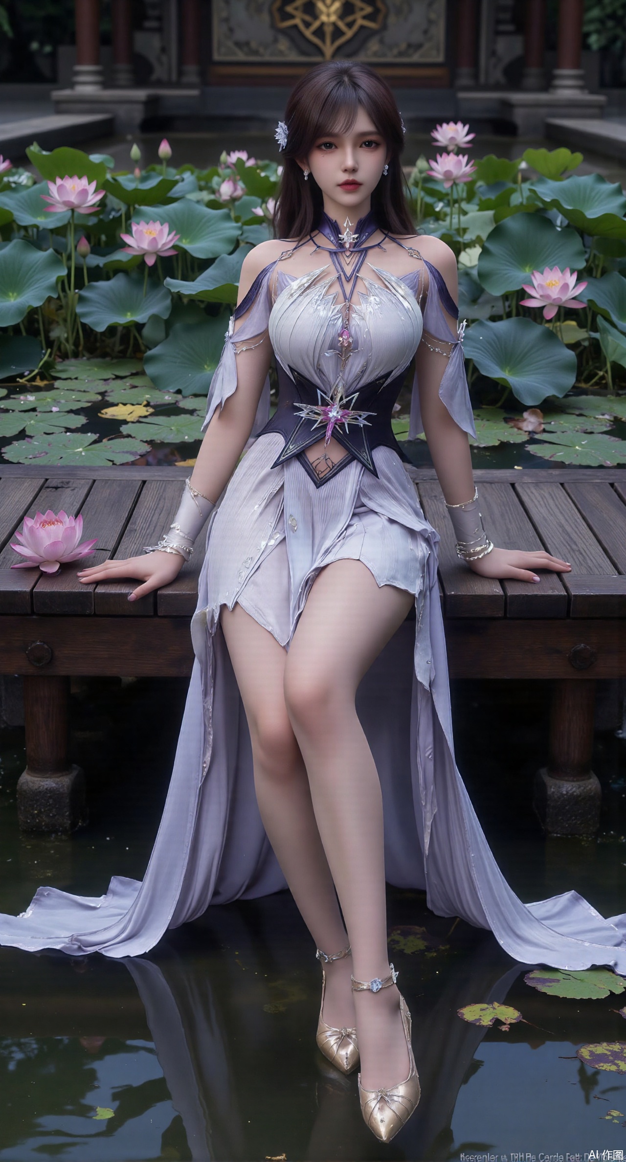 (masterpiece:1.2),best quality,The image is a digital illustration of a young woman sitting on a wooden bench in a pond with lily pads. She is wearing a long dress with design on the chest and sleeves. The dress has a high neckline and short sleeves,Holding a lotus in hand. She has long dark hair styled in loose waves and is wearing gold high heels. The woman is posing with one hand on her hip and the other resting on the edge of the bench. The background is filled with pink and white lotus flowers and green leaves. The overall mood of the image is peaceful and serene,(huge breasts:2.99),(full breasts:2.99),(Background with traditional Chinese architecture, lotus pond and pink lotus flowers:1.39),,Xanmiaoyi,Xyunwangshu,XlishaoyinY,Xbaixue,XanmiaoyiY,Xxiuqiuhua,XbaiyuerongY,XyunyunX,XqingnvzongZM,Xjuzi,Xshangguanweier,XanmiaoyiXY,XyunyunXY,Xjiangziyue,Xmeining,Xweinina,Xlenhuan,Xbabata,Xhewanyuzhiyao,XzixiaY,Xyilinna,Xyinxuehou,Xpoyuhou,XshengcaierY,Xmengyuyi,Xxiaomei,Xgufenghuaqiang