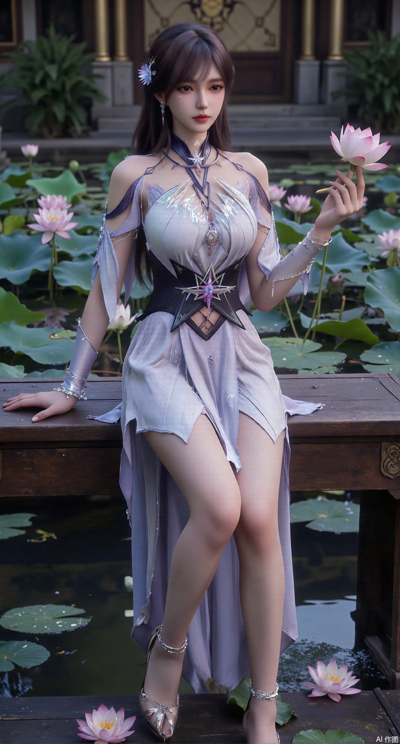 (masterpiece:1.2),best quality,The image is a digital illustration of a young woman sitting on a wooden bench in a pond with lily pads. She is wearing a long dress with design on the chest and sleeves. The dress has a high neckline and short sleeves,Holding a lotus in hand. She has long dark hair styled in loose waves and is wearing gold high heels. The woman is posing with one hand on her hip and the other resting on the edge of the bench. The background is filled with pink and white lotus flowers and green leaves. The overall mood of the image is peaceful and serene,(huge breasts:2.99),(full breasts:2.99),(Background with traditional Chinese architecture, lotus pond and pink lotus flowers:1.39),,Xanmiaoyi,Xyunwangshu,XlishaoyinY,Xbaixue,XanmiaoyiY,Xxiuqiuhua,XbaiyuerongY,XyunyunX,XqingnvzongZM,Xjuzi,Xshangguanweier,XanmiaoyiXY,XyunyunXY,Xjiangziyue,Xmeining,Xweinina,Xlenhuan,Xbabata,Xhewanyuzhiyao,XzixiaY,Xyilinna,Xyinxuehou,Xpoyuhou,XshengcaierY,Xmengyuyi,Xxiaomei,Xgufenghuaqiang