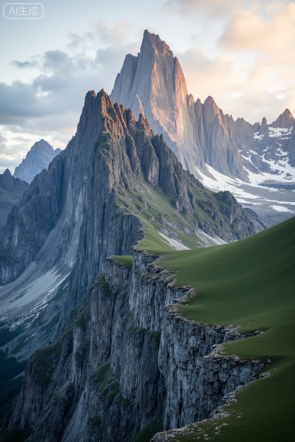 masterpiece, , The image depicts a stunning mountain landscape during what appears to be either sunrise or sunset, given the warm, golden light illuminating the peaks. The mountain is rugged and steep, with sharp, jagged ridges and sharp peaks. The foreground features a rocky outcrop with a smooth, green slope leading up to the main peak. The background consists of more mountains, some of which are snow-capped, adding to the dramatic and majestic feel of the scene. The sky is filled with soft, scattered clouds, enhancing the overall serene and awe-inspiring atmosphere of the image.