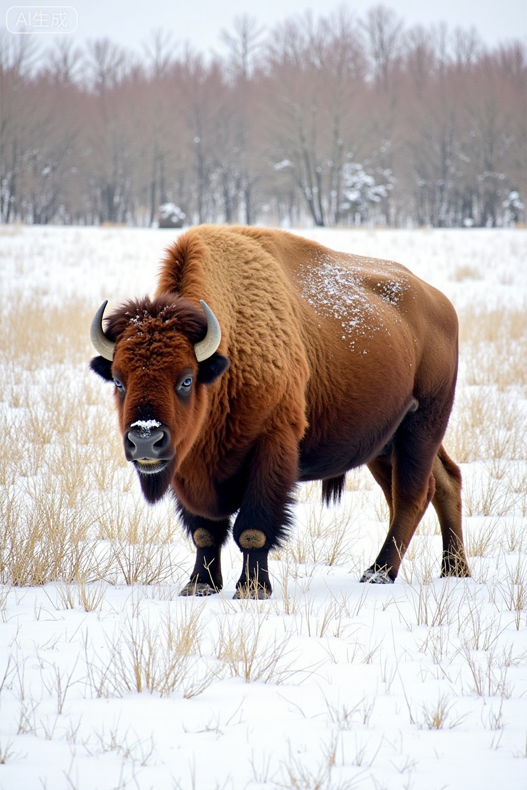 masterpiece, , The image depicts a bison standing in a snowy field. The bison has a thick, shaggy coat of fur, which appears to be a reddish-brown color. It has curved horns and is facing slightly to the right. The ground is covered with snow, and there are dry, thin plants scattered throughout the field. In the background, there is a line of dense vegetation, possibly bushes or low trees, which contrasts with the open, snowy field where the bison is standing. The overall scene has a cold, wintry feel to it.