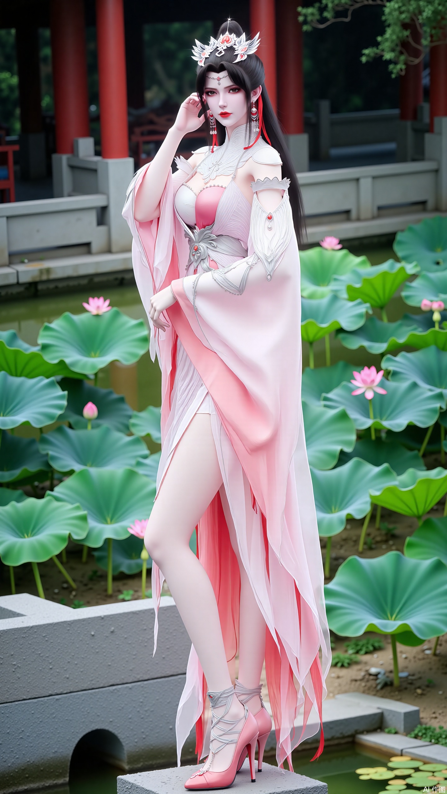 A beautiful woman standing on a stone in the yard, wearing pink high heels. Wearing a pink dress, with long hair, black hair, and bangs. Jewelry, earrings, hair accessories, hair ties, forehead accessories, long eyelashes, contact lenses. White dress with exposed legs. Wide sleeves. There is exquisite embroidery on the clothing. The background is a Chinese courtyard. Ancient Architectural Buildings. pond. Clear and transparent water. Lotus leaf. Pink lotus flowers. Pose. Touch your hair with one hand. Place one hand on your waist.