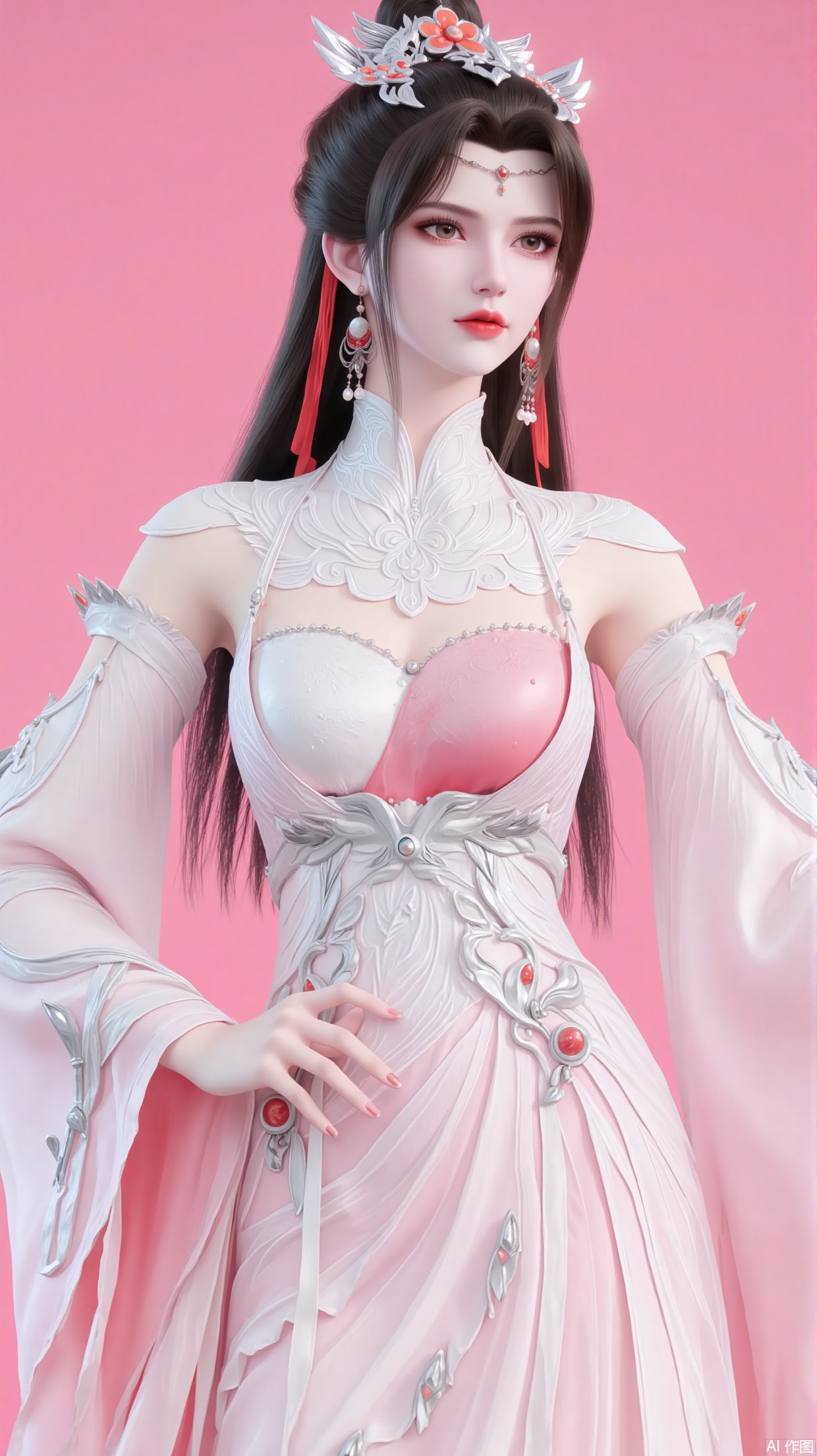 1 beauty wearing pink dress, long hair, brown hair, jewelry, earrings, hair accessories, forehead accessories, white dress, legs exposed, upper body close-up. Long sleeves. Solid color background.