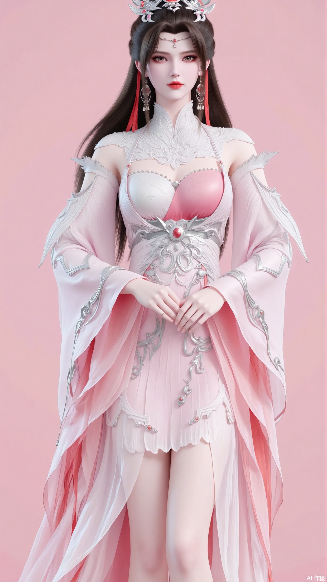 1 beauty wearing pink dress, long hair, brown hair, jewelry, earrings, hair accessories, forehead accessories, white dress, legs exposed, upper body close-up. Long sleeves. Solid color background.