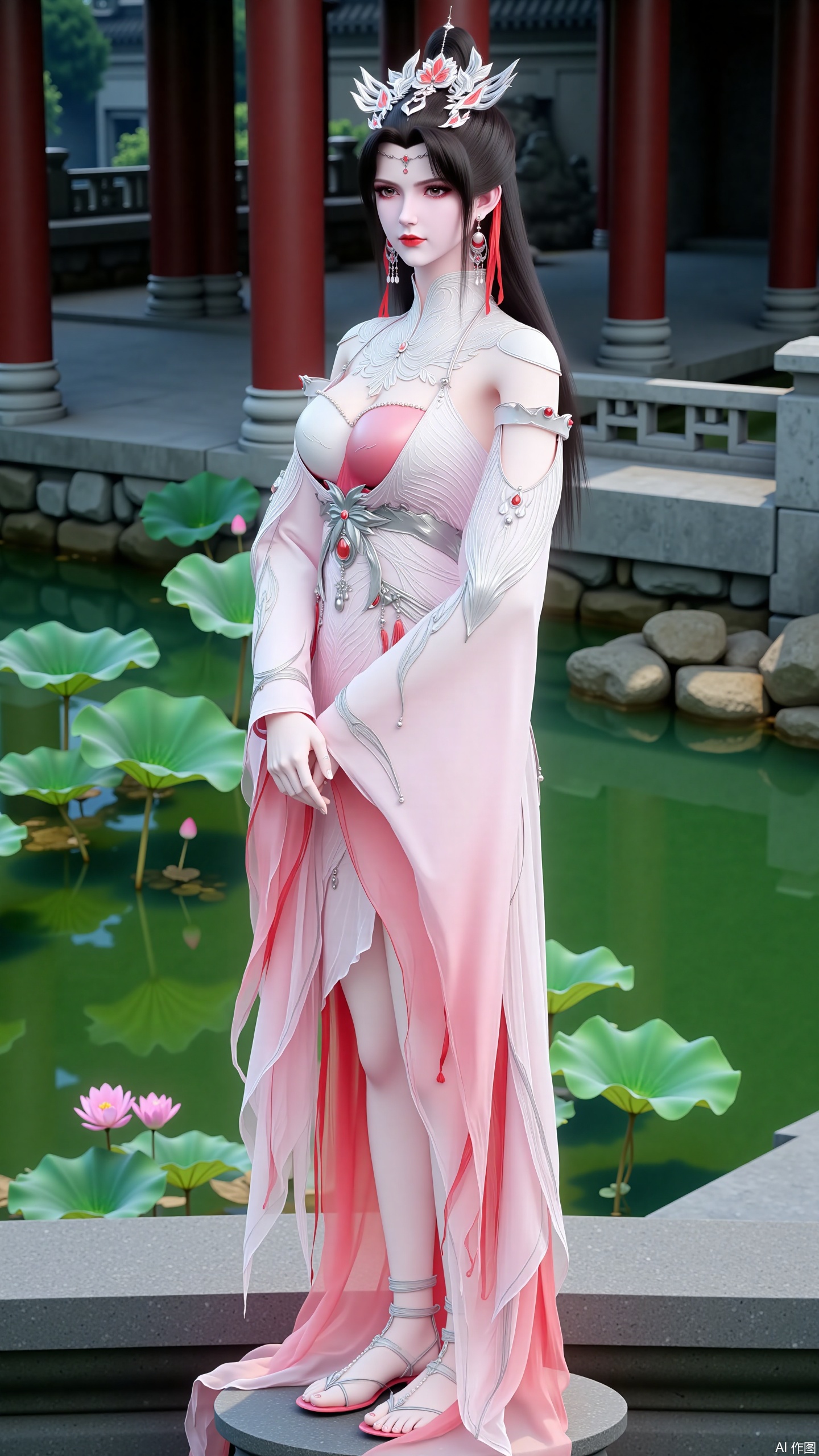 A beautiful woman standing on a stone in the yard, wearing pink single mouth flat shoes. Wearing a pink dress, with long hair, black hair, and bangs. Jewelry, earrings, hair accessories, hair ties, forehead accessories, long eyelashes, contact lenses. White dress with exposed legs. Wide sleeves. There is exquisite embroidery on the clothing. The background is a Chinese courtyard. Ancient Architectural Buildings. pond. Clear and transparent water. Lotus leaf. Pink lotus flowers. Pose.