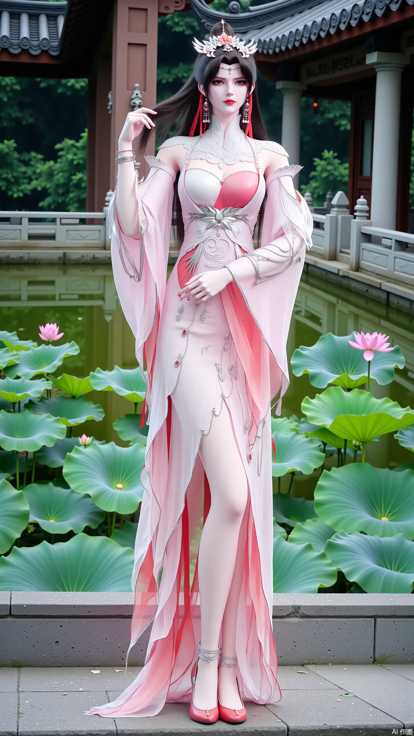A beautiful woman standing on a stone in the yard, wearing pink high heels. Wearing a pink dress, with long hair, black hair, and bangs. Jewelry, earrings, hair accessories, hair ties, forehead accessories, long eyelashes, contact lenses. White dress with exposed legs. Wide sleeves. There is exquisite embroidery on the clothing. The background is a Chinese courtyard. Ancient Architectural Buildings. pond. Clear and transparent water. Lotus leaf. Pink lotus flowers. Pose. Touch your hair with one hand. Place one hand on your waist.