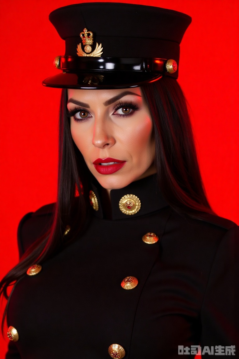 mature,glamor,black long hair,red background,backlight,Black long hair,senior sister,red colored pupils,blue colored pupils,black military uniform,black military hat,black military boots,military uniform with gold decoration,medals,facial lighting,military dress,model,model fashion pose,depth of field,light particles,lens flare,(artist:quasarcake:0.8),extreme aesthetic,(wlop:0.6),wanke,rella,wanke,masterpiece,best quality,good quality,newest,year 2024,year 2023,very aesthetic,absurdres,Visual impact,Electromotive force,perspective composition,A shot with tension,ultra-high resolution,32K UHD,sharp focus,best quality,masterpiece,Emotionalization masterpiece,unconventional supreme,masterful details,with a high end texture,in the style of fashion photography,(Visual impact:1.2),giving the poster a dynamic and visually striking appearance,impactful picture,offcial art,colorful,splash of color,movie perspective,masterpiece,best quality,amazing quality,very aesthetic,absurdres,best quality,newest,masterpiece,best quality,good quality,
