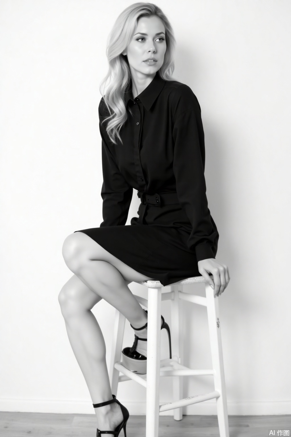 girl,girl,girl,woman,A black and white photograph captures a blonde woman with long,wavy blonde hair seated on a white stool. She wears a long-sleeved black dress with a high collar and black high-heeled shoes with black straps. Her legs are gracefully crossed at the waist,and her hands rest on her elbows. Her hair is pulled back into a neat ponytail,and her piercing blue eyes gaze to the right side of the frame. Her lips are slightly pursed. The backdrop is a stark white wall,emphasizing the monochromatic elegance and sharp contrast of the scene.,