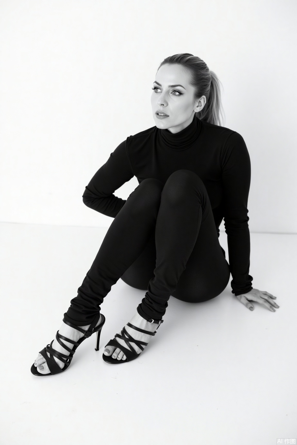A black and white photograph of a woman in a black turtleneck sitting on a white surface. The woman is wearing black high heels with black straps on them. Her hair is pulled back in a ponytail and she is looking to the right side of the frame. Her eyes are a piercing blue and her lips are pursed. Her right hand is resting on her hip. The backdrop is a stark white wall.