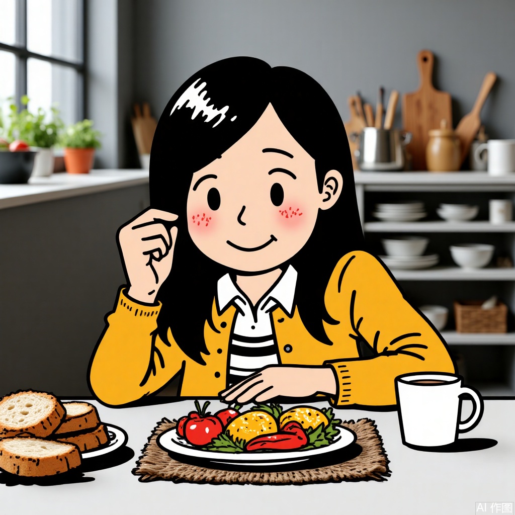 solo, blush, smile, food, blurry, black eyes, cup, no humans, table, plate, mug, bread, food focus