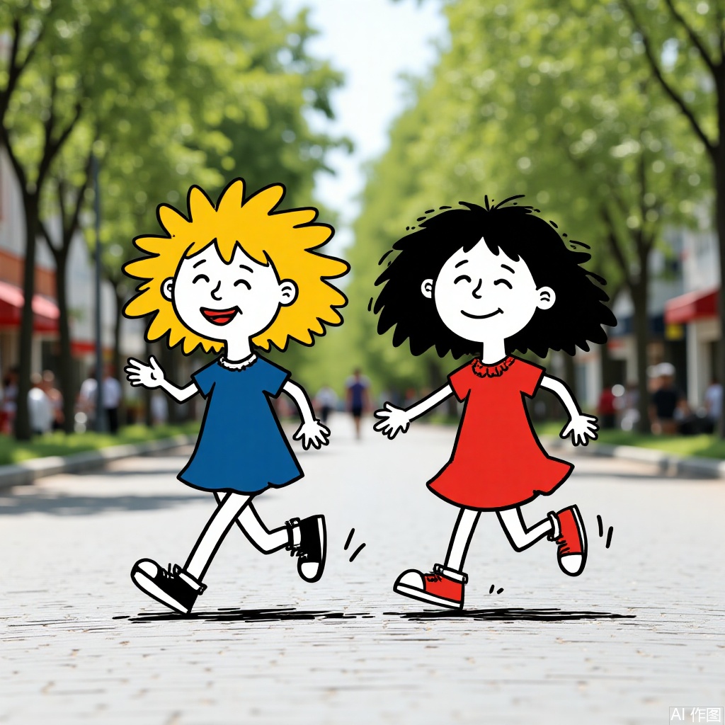 smile, short hair, multiple girls, blonde hair, black hair, dress, 2girls, closed eyes, outdoors, blurry, tree, blurry background, red dress, walking, running