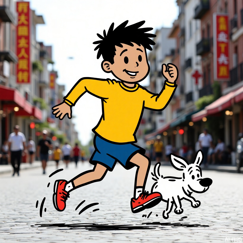 smile, shirt, black hair, long sleeves, 1boy, male focus, shoes, shorts, socks, blurry, blurry background, red footwear, walking, blue shorts, running, dog, yellow shirt, photo background