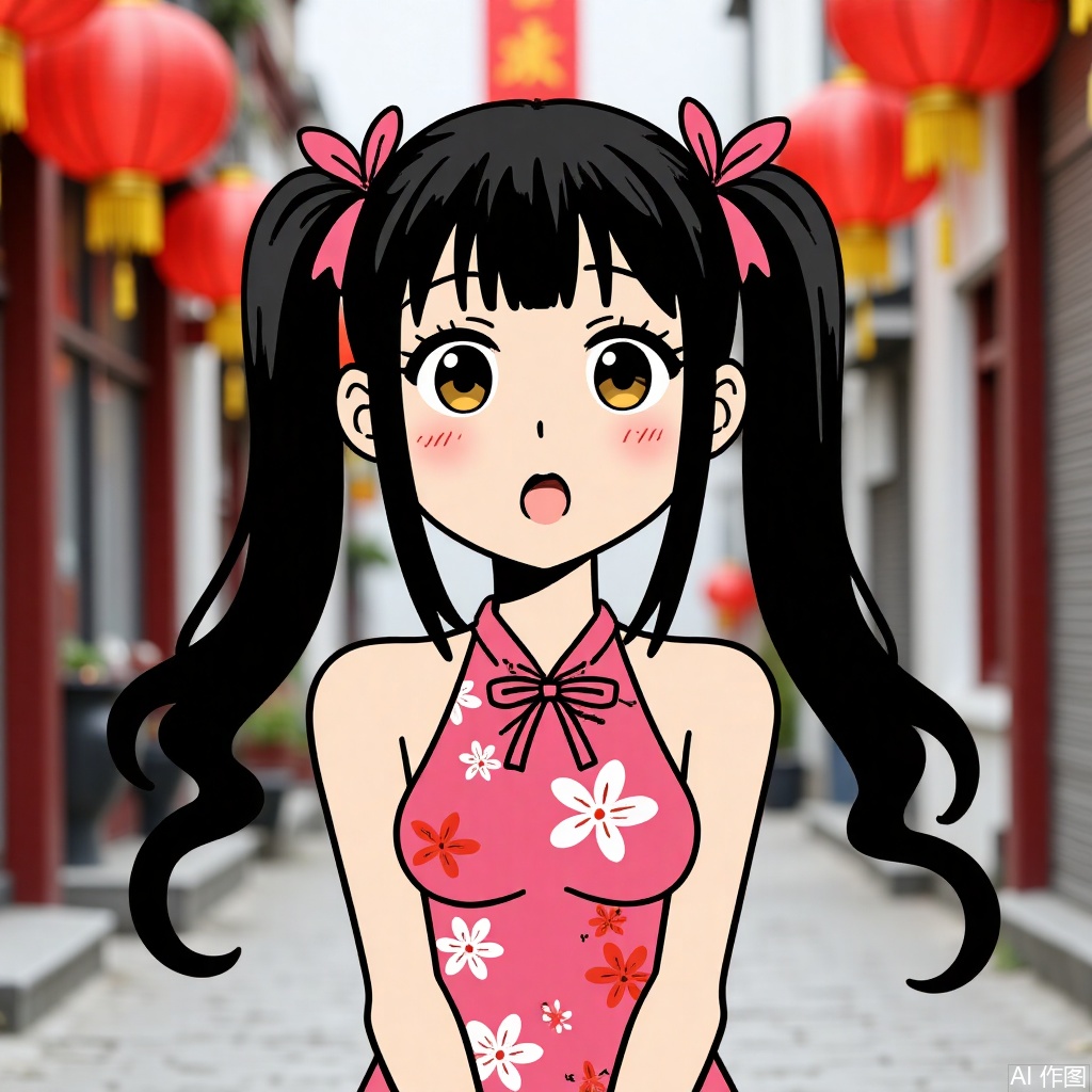 1girl, solo, long hair, breasts, looking at viewer, blush, open mouth, bangs, black hair, dress, bow, ribbon, bare shoulders, twintails, brown eyes, collarbone, hair ribbon, upper body, hair bow, small breasts, sleeveless, indoors, blurry, bare arms, sleeveless dress, blurry background, chinese clothes, drill hair, floral print, pink bow, pink dress, china dress, twin drills, lantern, paper lantern