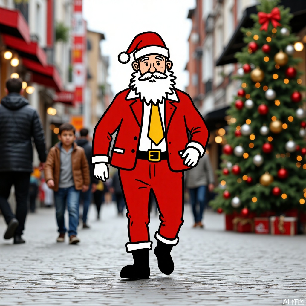 gloves, hat, jacket, male focus, boots, multiple boys, necktie, solo focus, belt, pants, white gloves, black footwear, blurry, fur trim, blurry background, facial hair, formal, christmas, beard, santa hat, santa costume, walking, realistic, mustache, christmas tree, red pants, old man